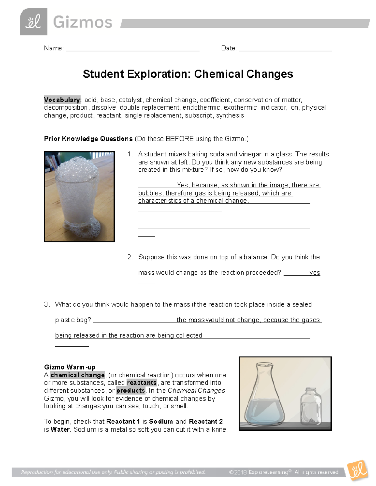 Chm Lab 3.4Chemicalchangestypesofreactions - Name: Date: Student ...