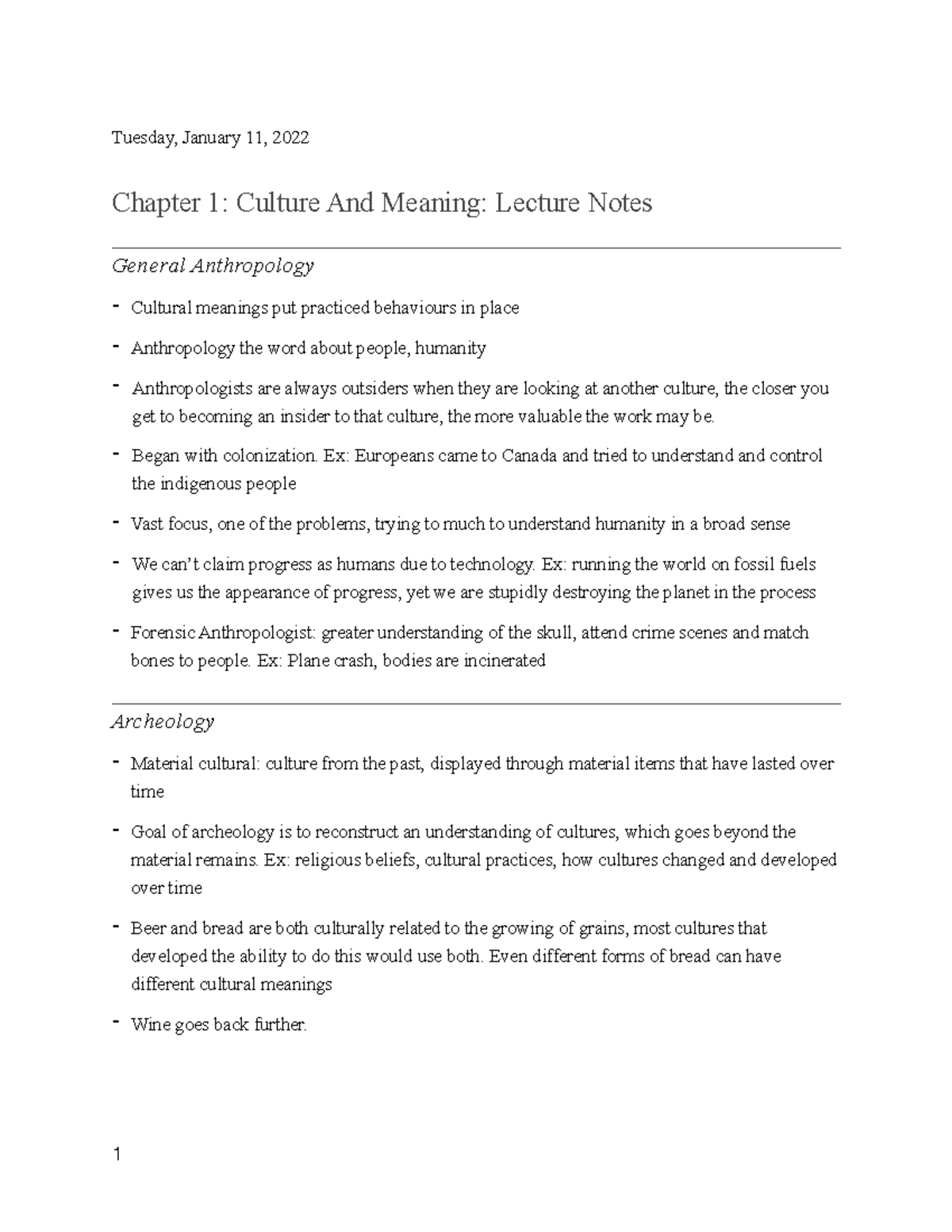 Anthropology Chapter 1 Lecture Notes - Tuesday, January 11, 2022 ...