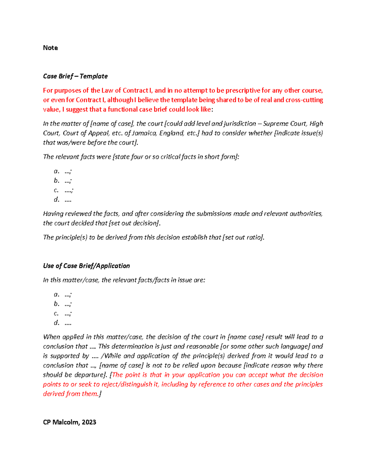 Case Brief - Template - Note Case Brief – Template For purposes of the ...