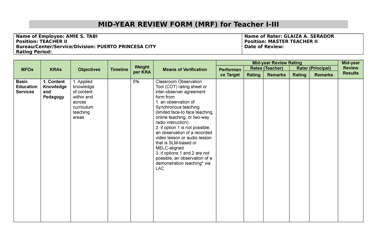 MID YEAR Review FORM FOR Proficient Teachers MID YEAR REVIEW FORM