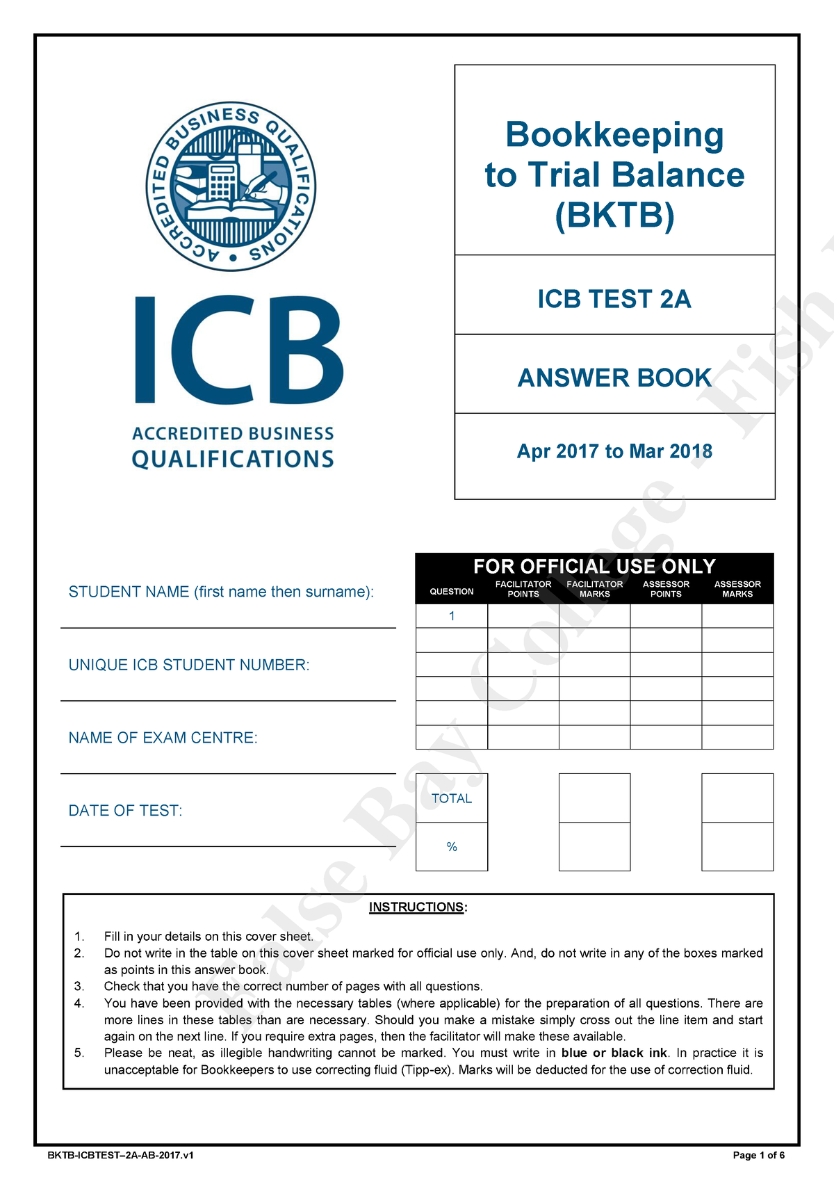 BKTB Icbtest 2A AB 2017 - Trail Exams And Assignments For Bookkeeping ...