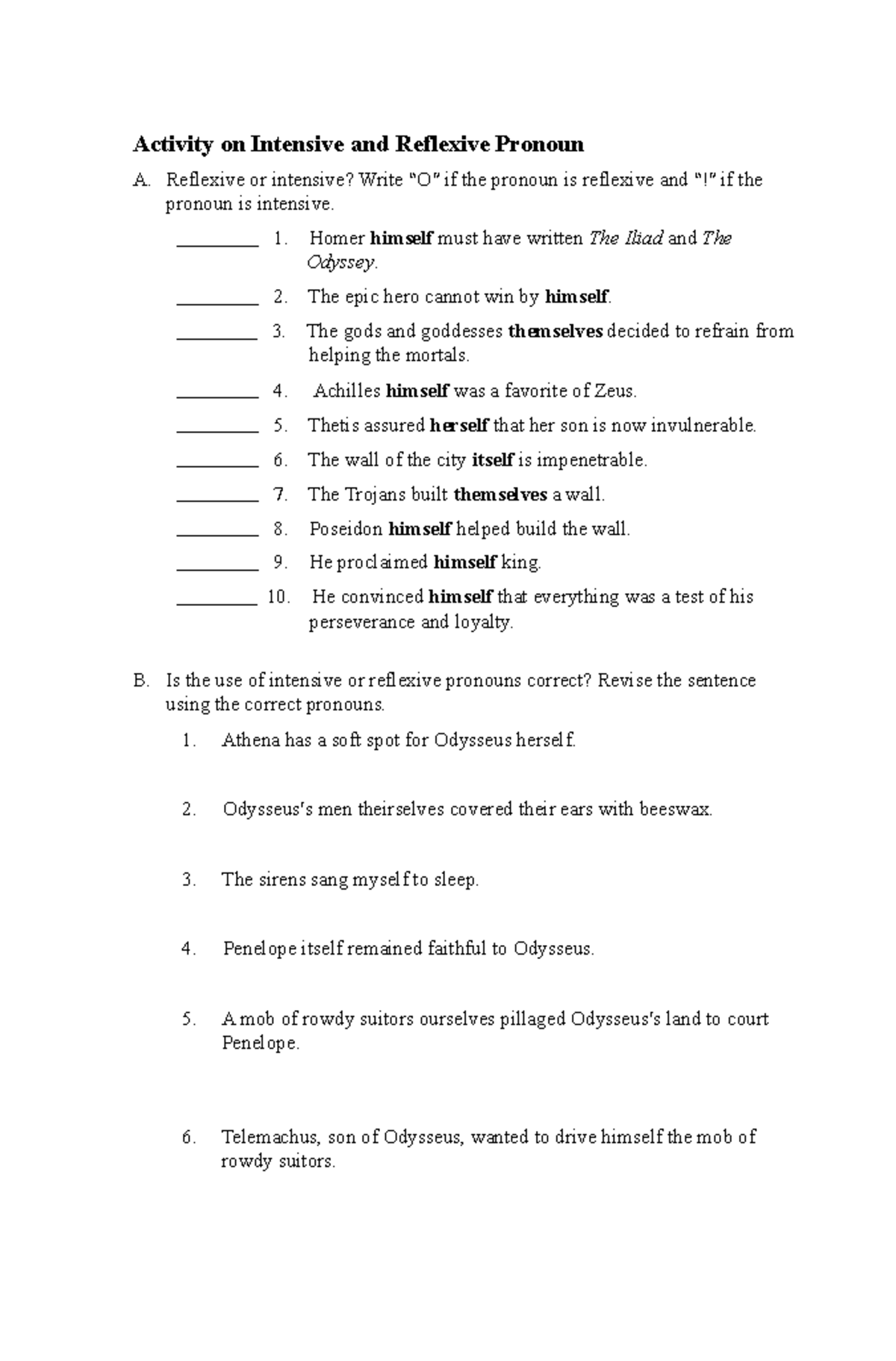 Intensive Reflexive Pronouns Worksheets