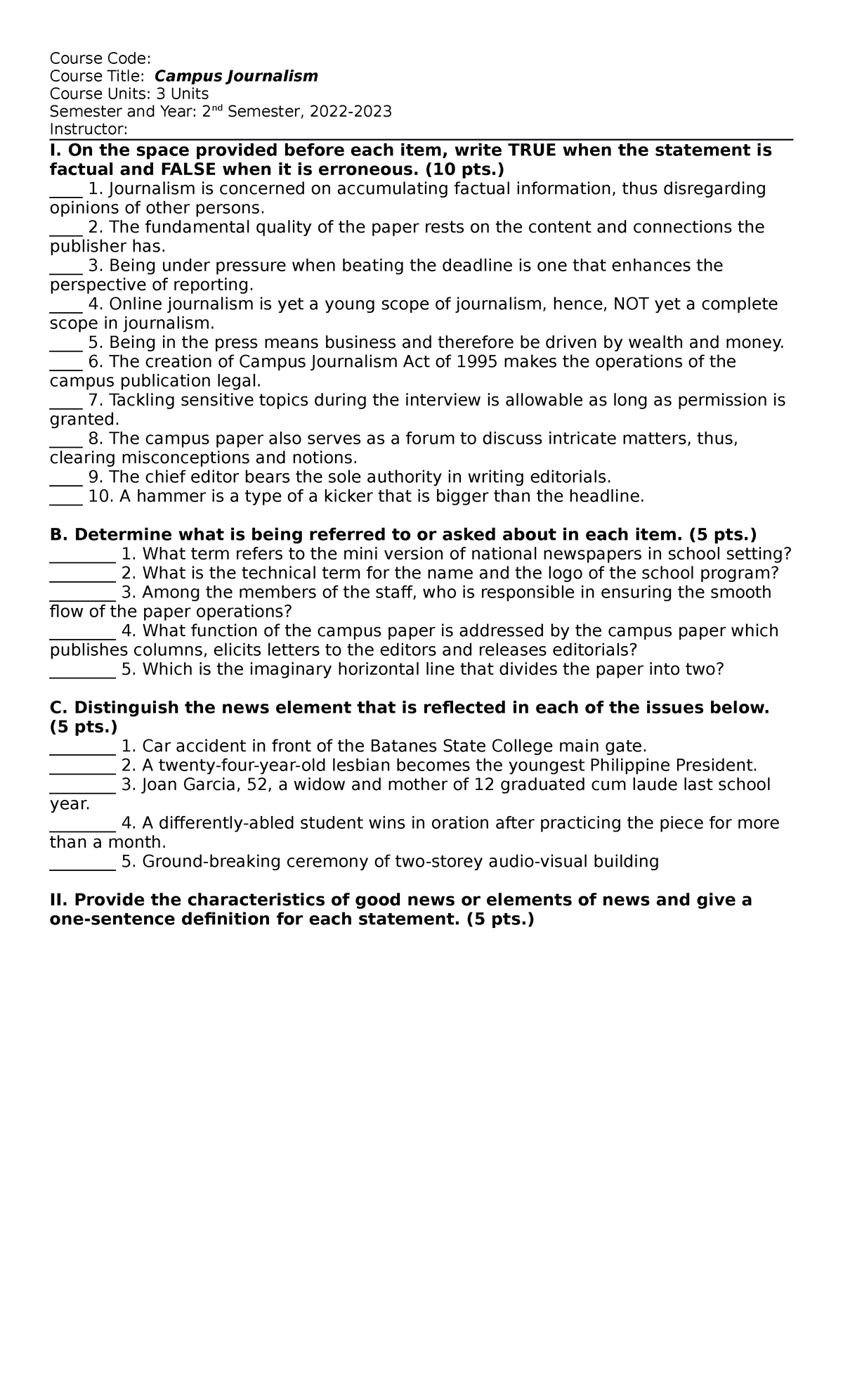 Allied 1 Prelim Test Questionnaire Course Code Course Title