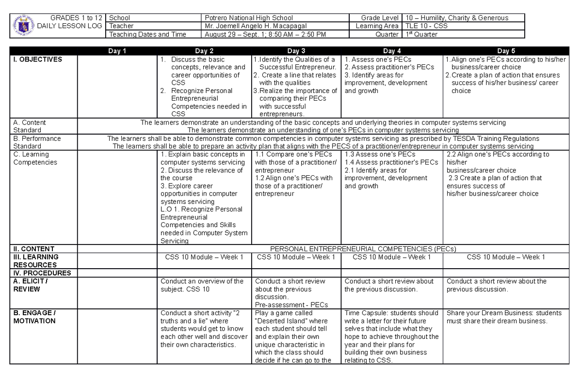 Week 1 DLL - Macapagal - DLL - GRADES 1 to 12 DAILY LESSON LOG School ...