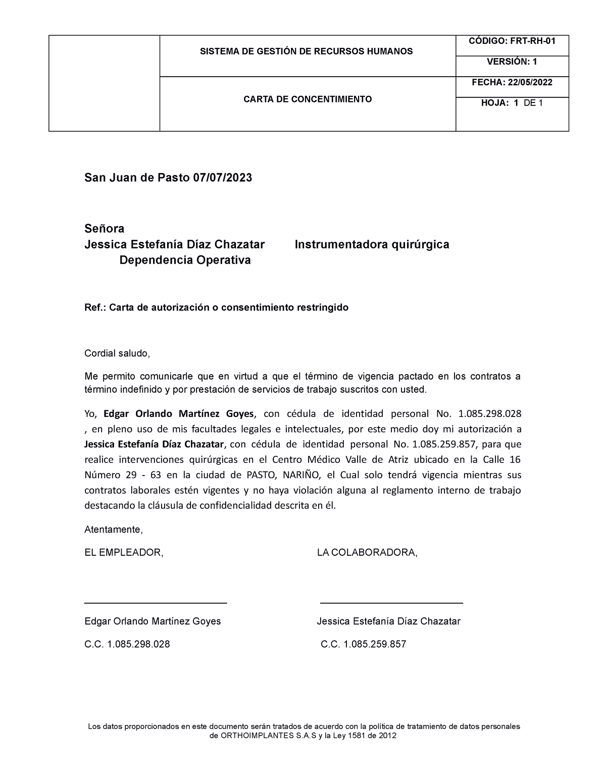 Carta De Concentimiento De Jessica Sistema De GestiÓn De Recursos Humanos CÓdigo Frt Rh 6246