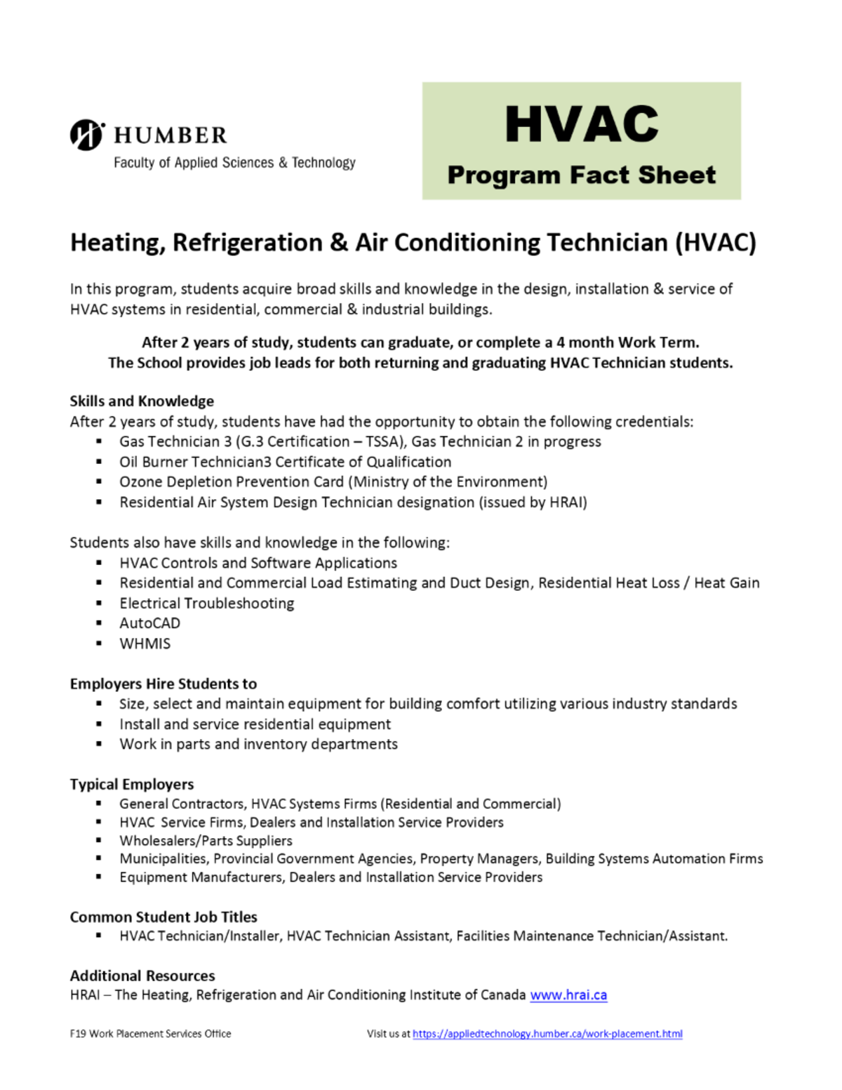 Heating Refrigeration & AIR Conditioning Technology Program Fact Sheet