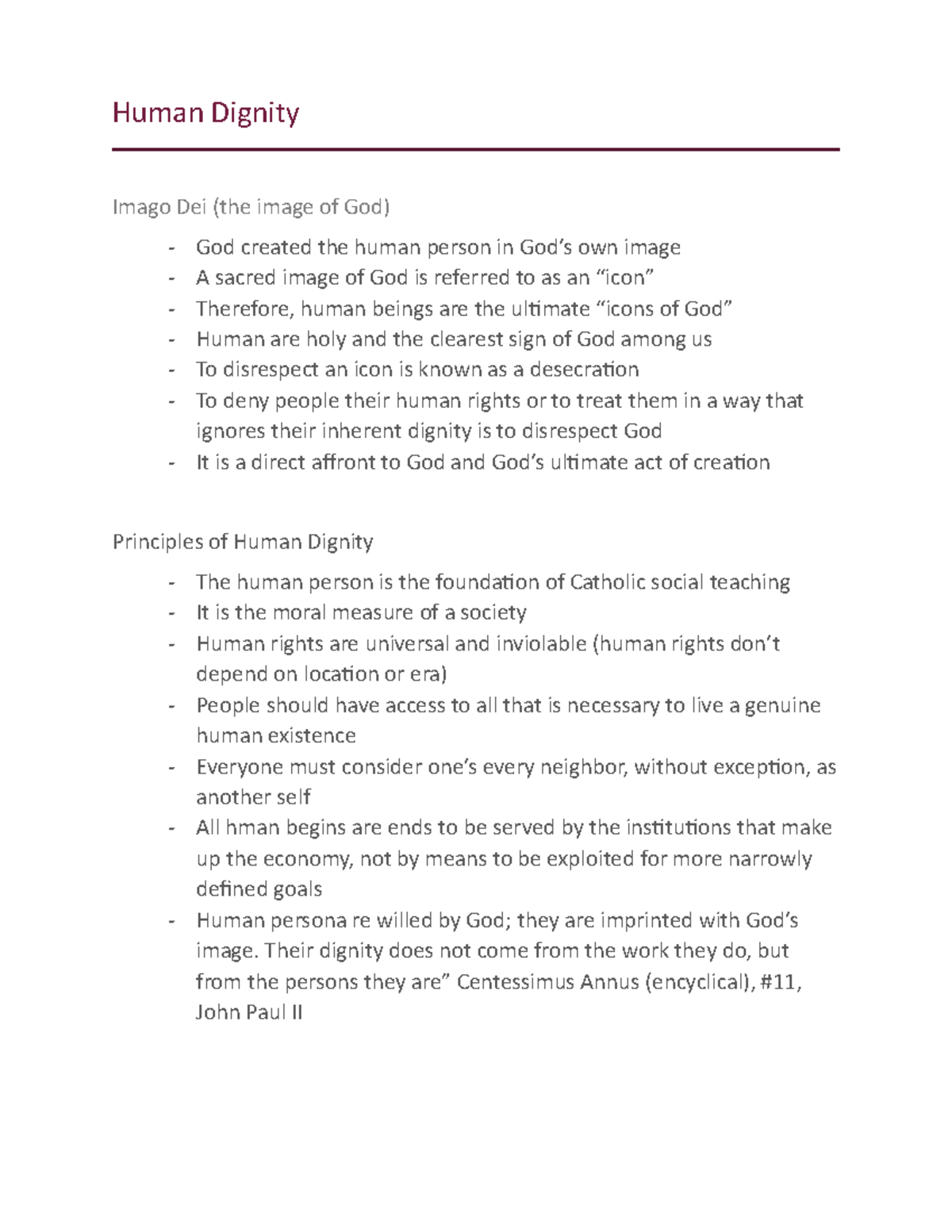 Week 3-Human Dignity - Lecture notes 3 - Human Dignity Imago Dei (the ...