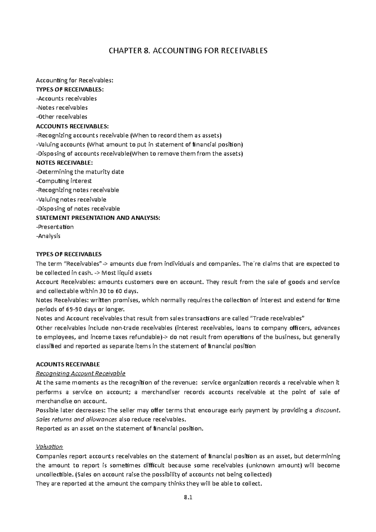 8. Accounting For Receivables - CHAPTER 8. ACCOUNTING FOR RECEIVABLES ...