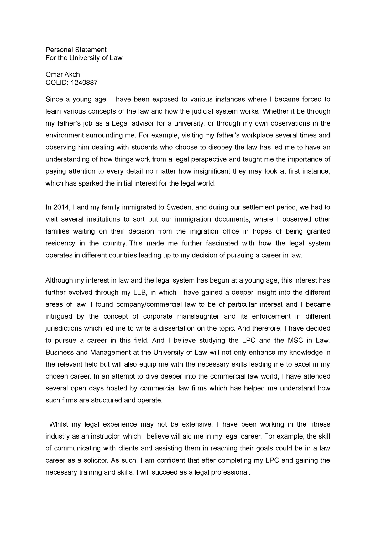 personal statement for international commercial law