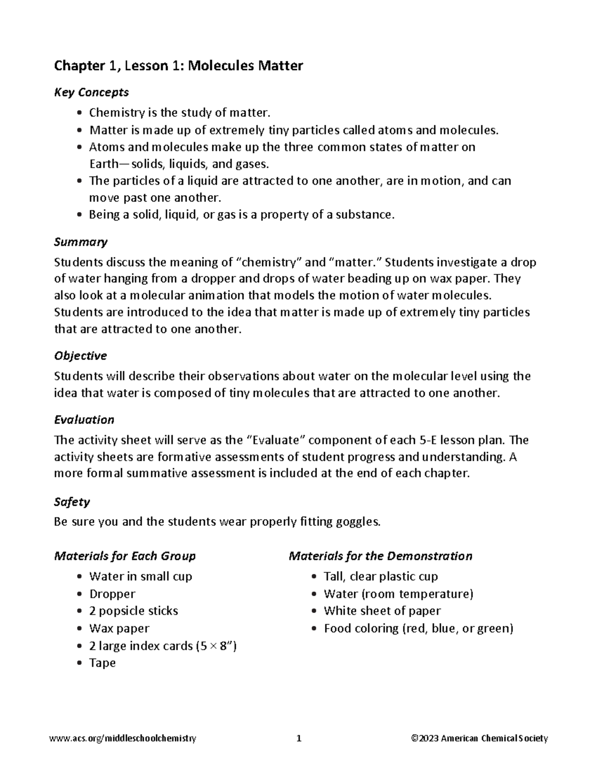 Ch1 l1 lesson plan - Chapter 1, Lesson 1: Molecules Matter Key Concepts ...