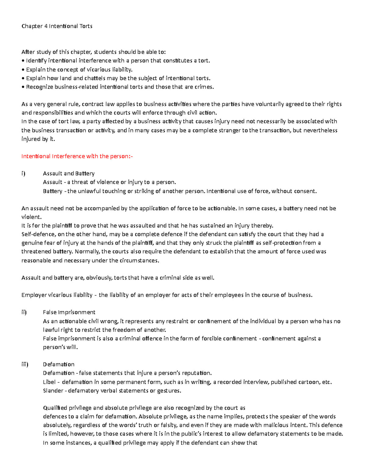 Chapter 4 - Intentional Torts - Chapter 4 Intentional Torts After Study ...