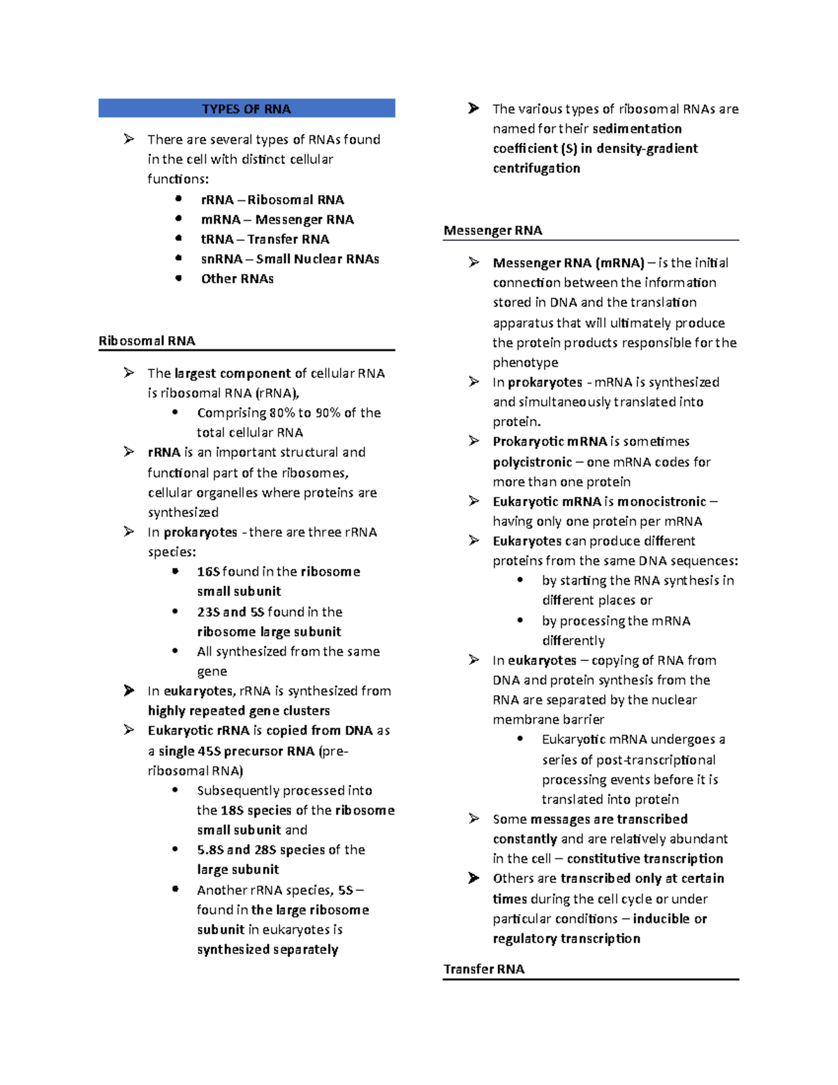 a-description-of-several-types-of-rnas-types-of-rna-there-are-several