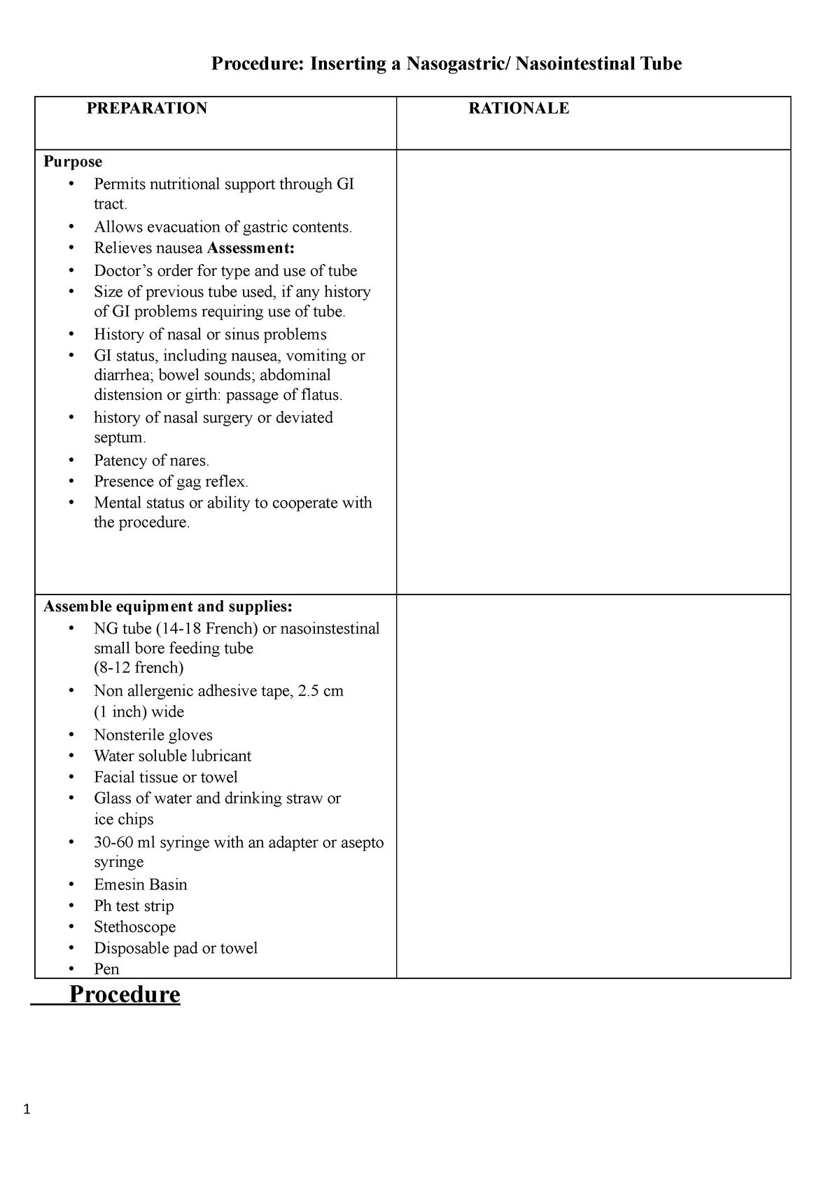 NGT Feeding-Removal-checklist - Procedure: Inserting A Nasogastric ...