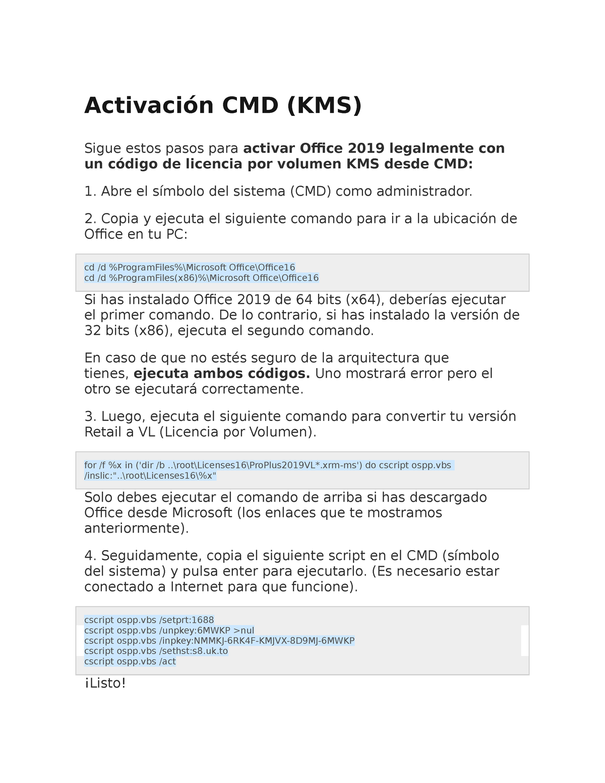 Activación CMD 2019 - CODIGO MEDIANTE CDM PARA CTIVAR OFFICE 2019 -  Activación CMD (KMS) Sigue estos - Studocu