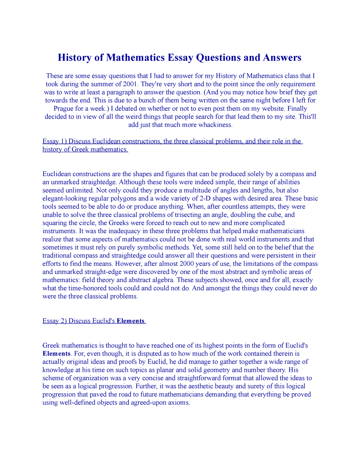 mathematics essay questions
