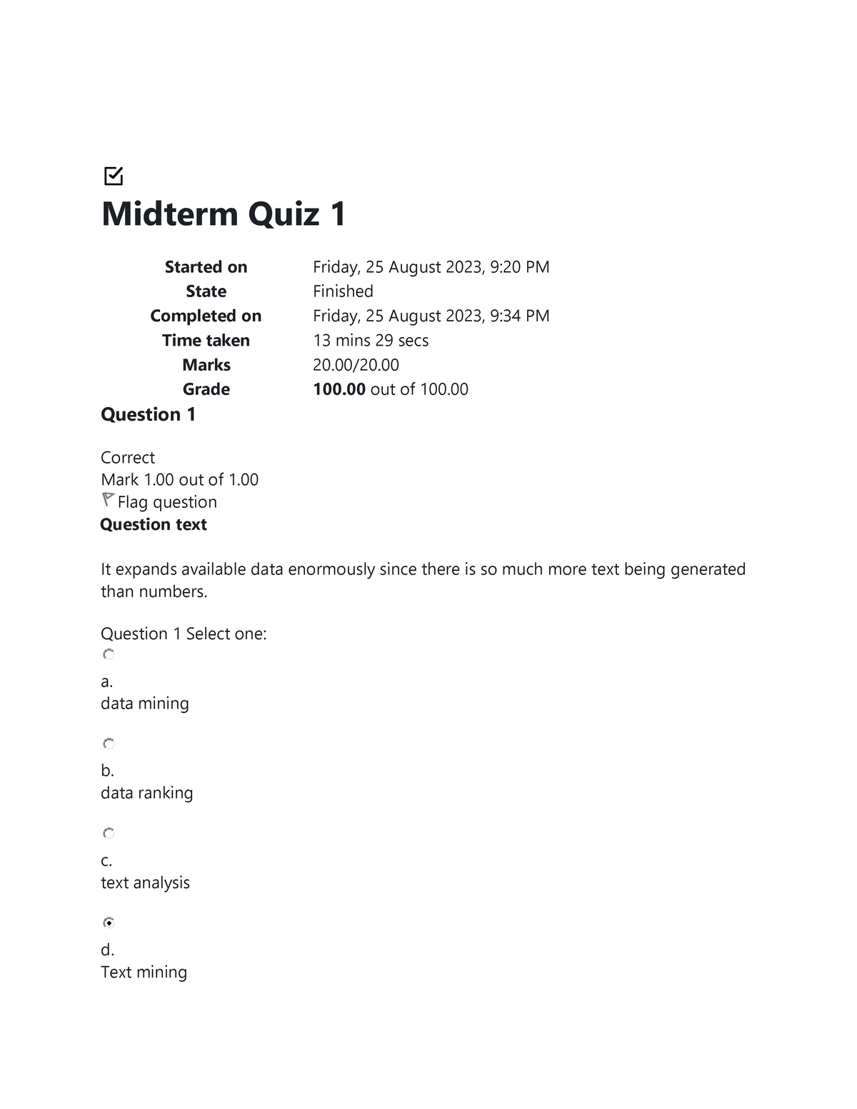 Midterm Quiz 1 Data Analysis - Midterm Quiz 1 Started On Friday, 25 ...