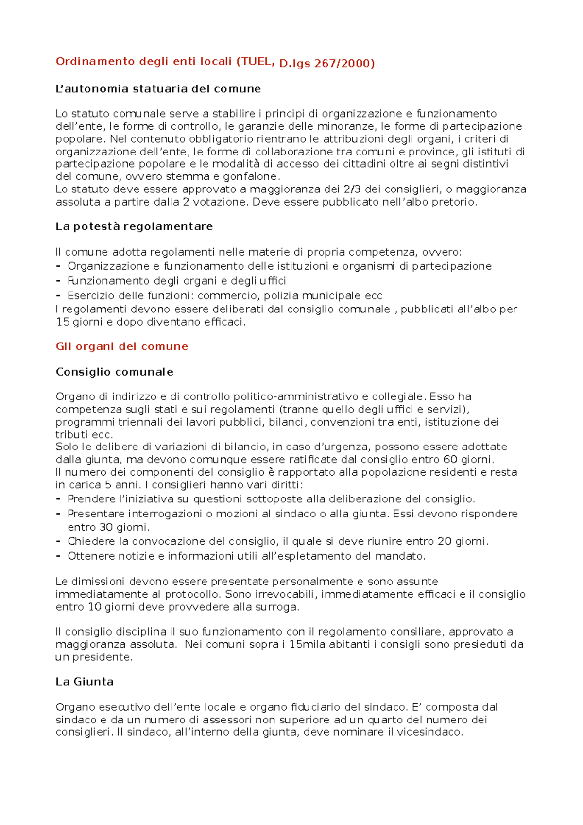 Ordinamento enti locali Ordinamento degli enti locali (TUEL, D 267/