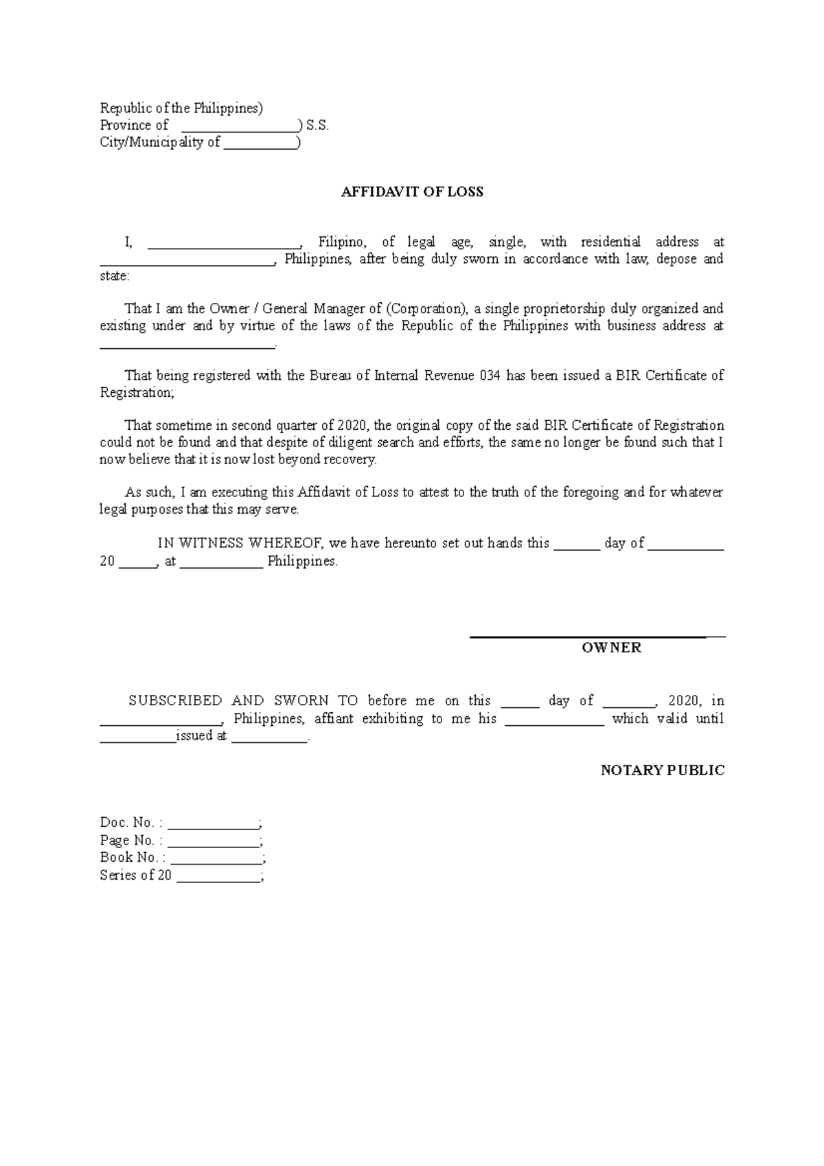 Affidavit - Loss of BIR Form 2303 - Republic of the Philippines ...