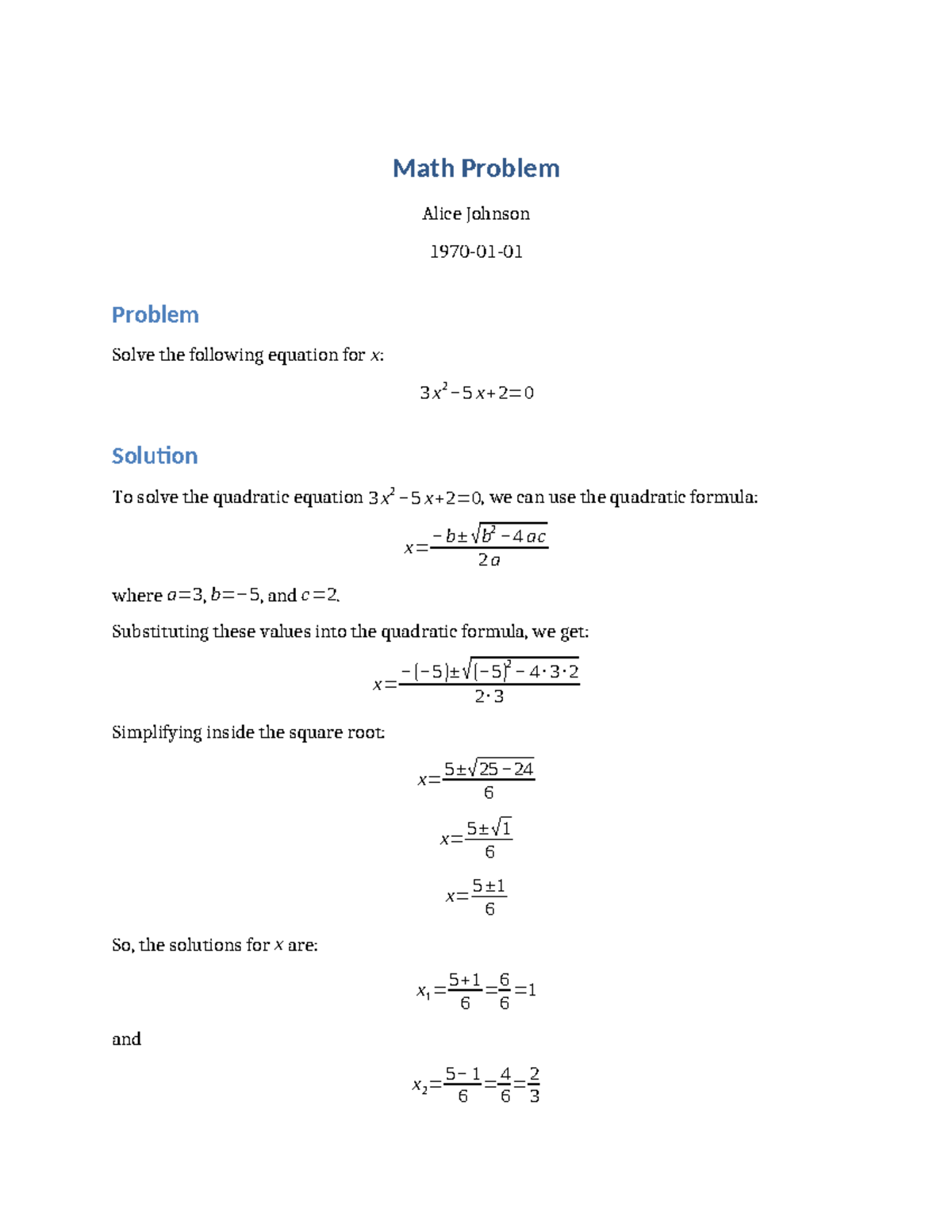 Wiskunde - Math Problem Alice Johnson 1970-01- Problem Solve the ...