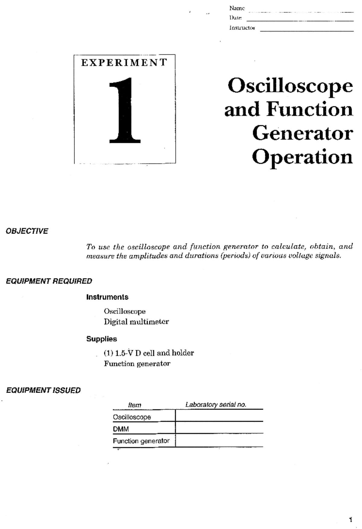 ETM I Experiment 1 Oscilloscope and Function Generator Operation 2013
