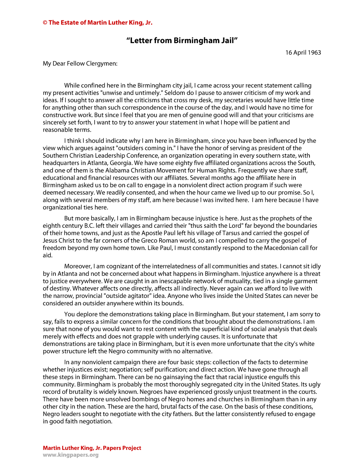 letter from birmingham jail thesis support