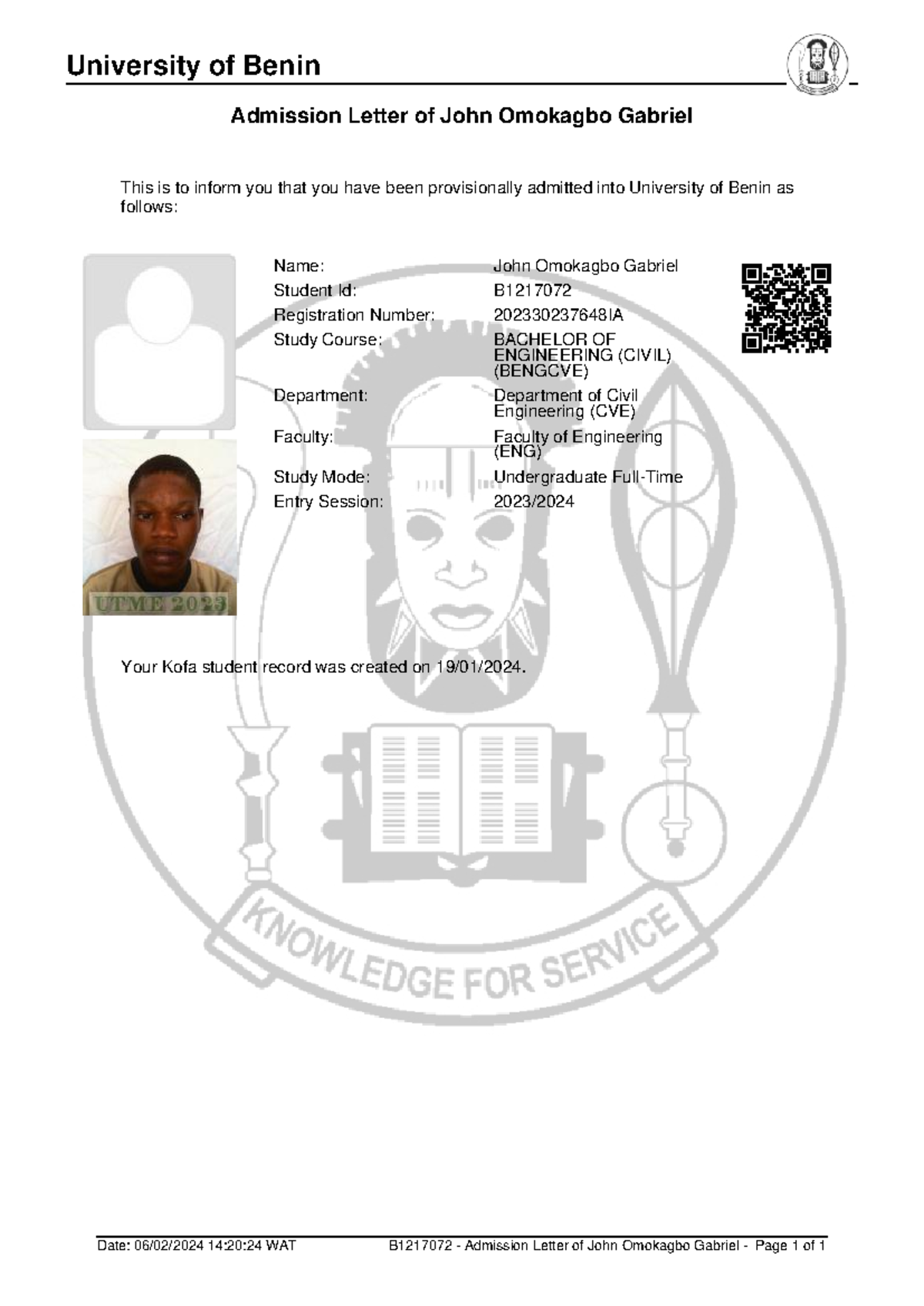 Admission slip - University of Benin Admission Letter of John Omokagbo ...