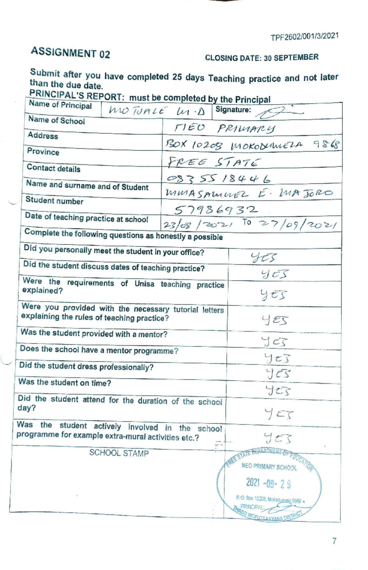 Assignment 2 of practice year 2 - TPF2602/001/3/ ASSIGNMENT 02 CLOSING ...