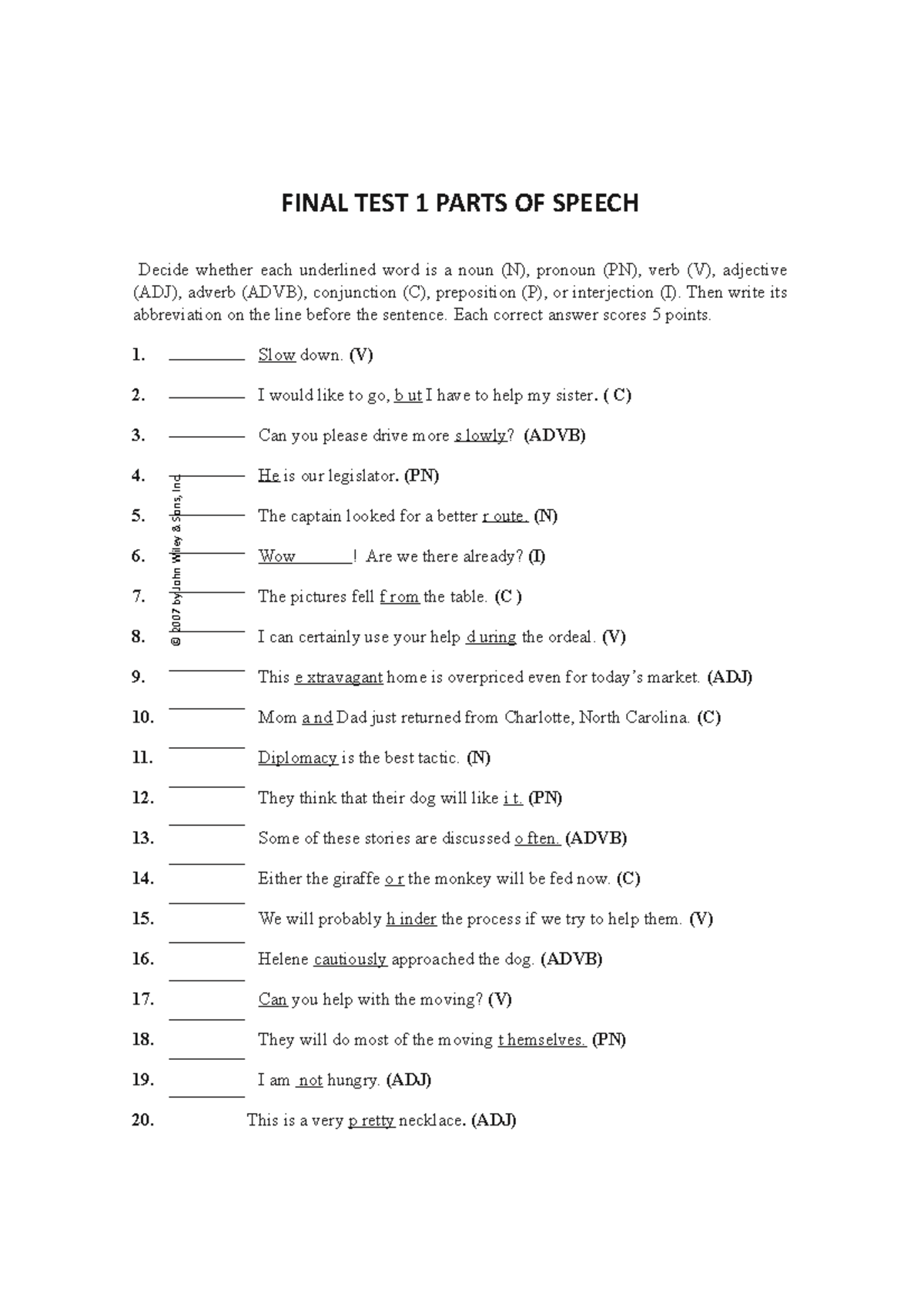 Eight parts of speech hi es FINAL TEST 1 PARTS OF SPEECH Decide