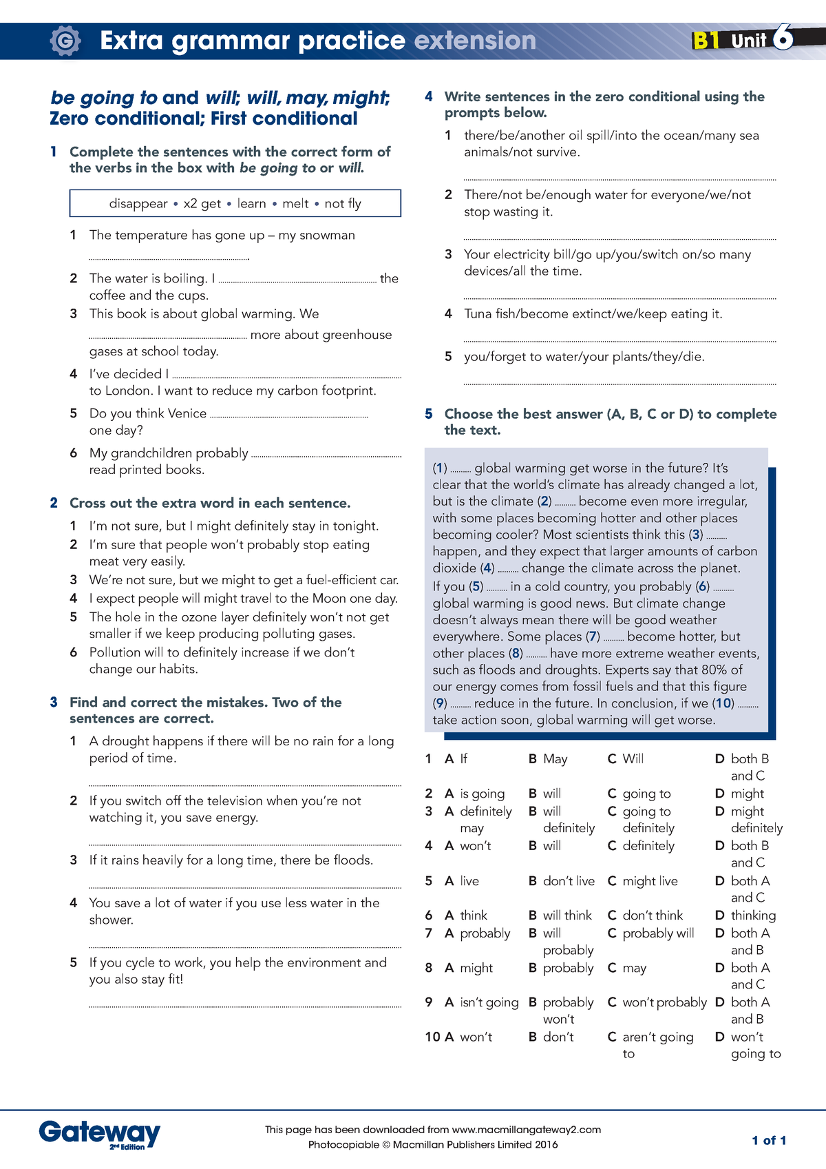 B1 UNIT 6 Extra grammar practice extension - be going to and will; will,  may, might; Zero - Studocu