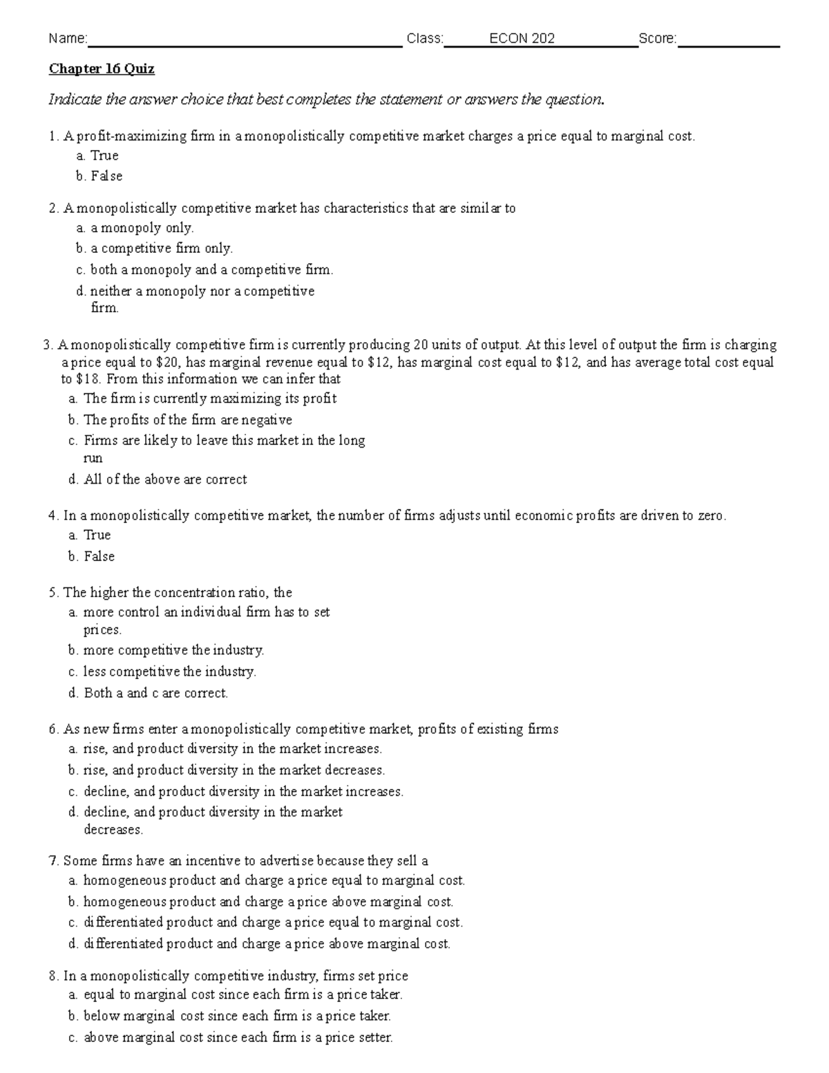 Chapter 16 - Practice Quizzes - Name: Class: ECON 202 Score: Chapter 16 ...