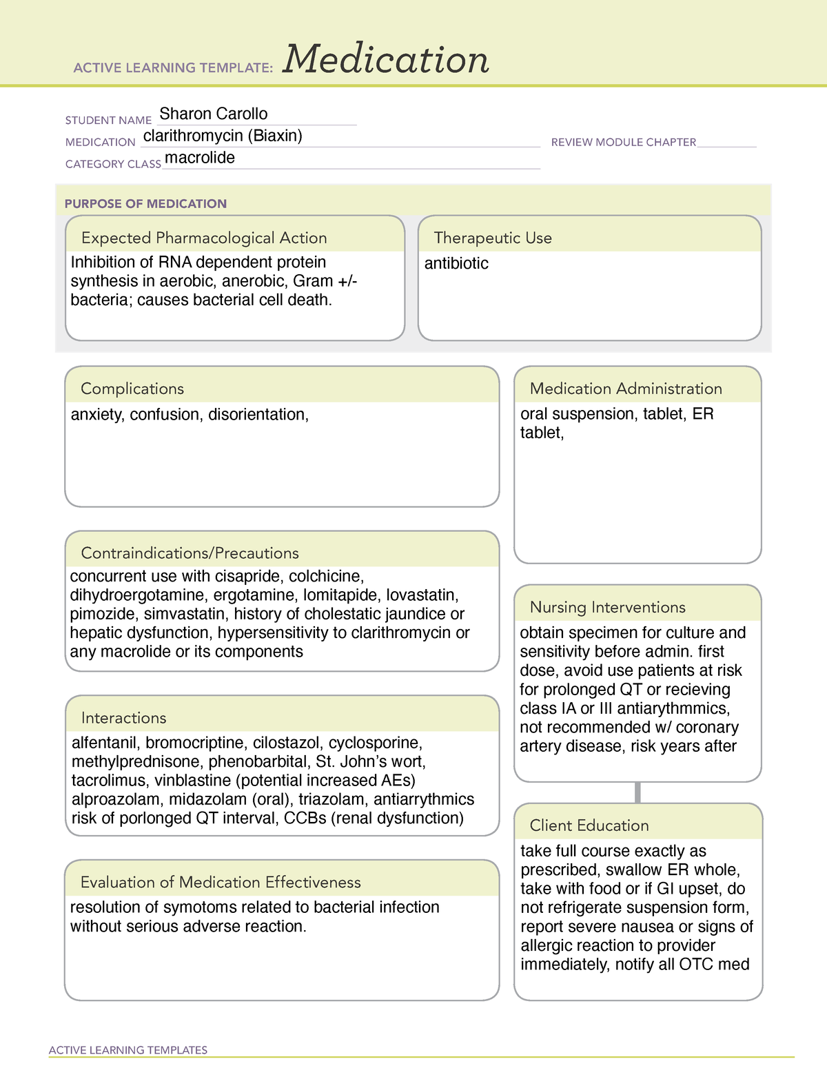 Clarithromycin ALT ACTIVE LEARNING TEMPLATES Medication STUDENT