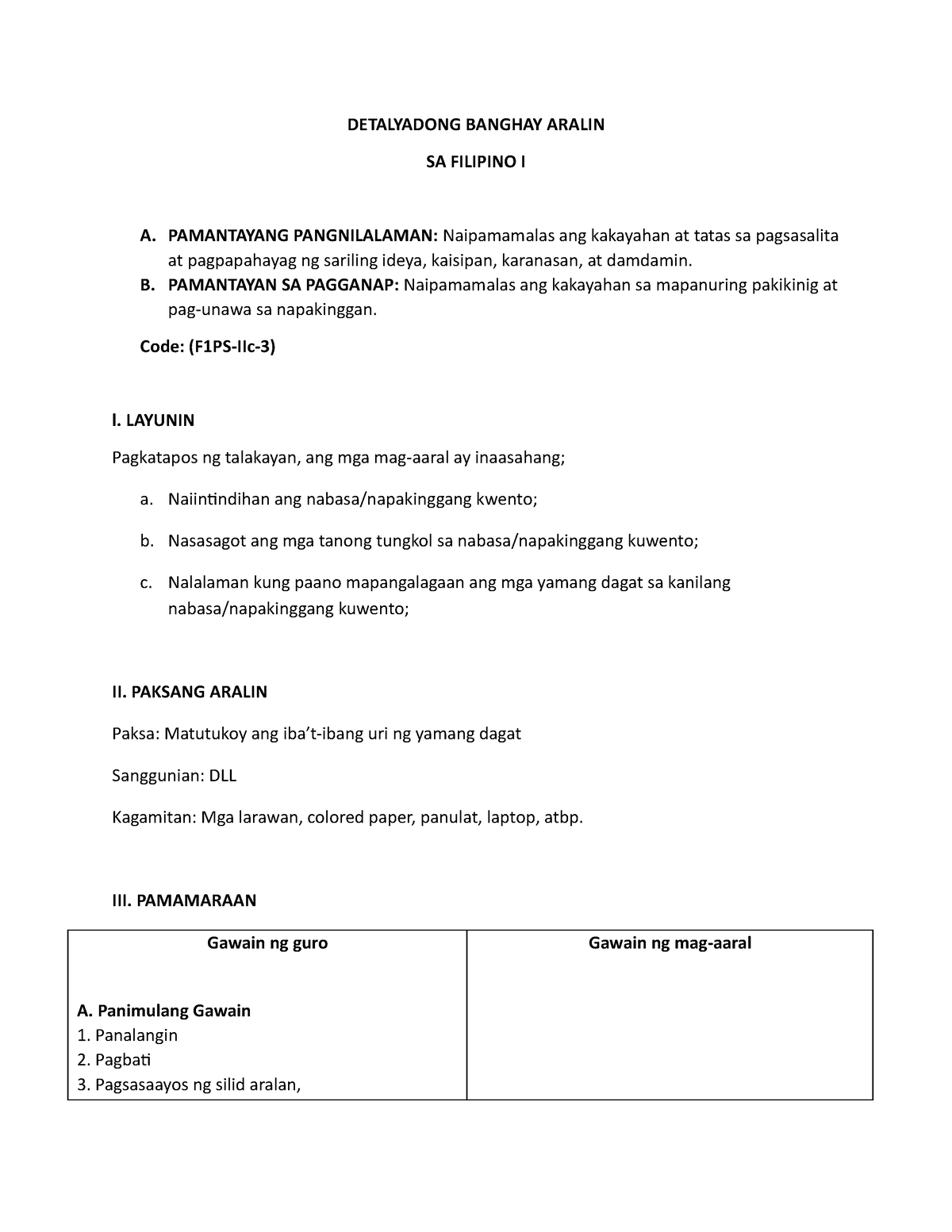 Gradeone 2 - Lesson Plan. - DETALYADONG BANGHAY ARALIN SA FILIPINO I A ...