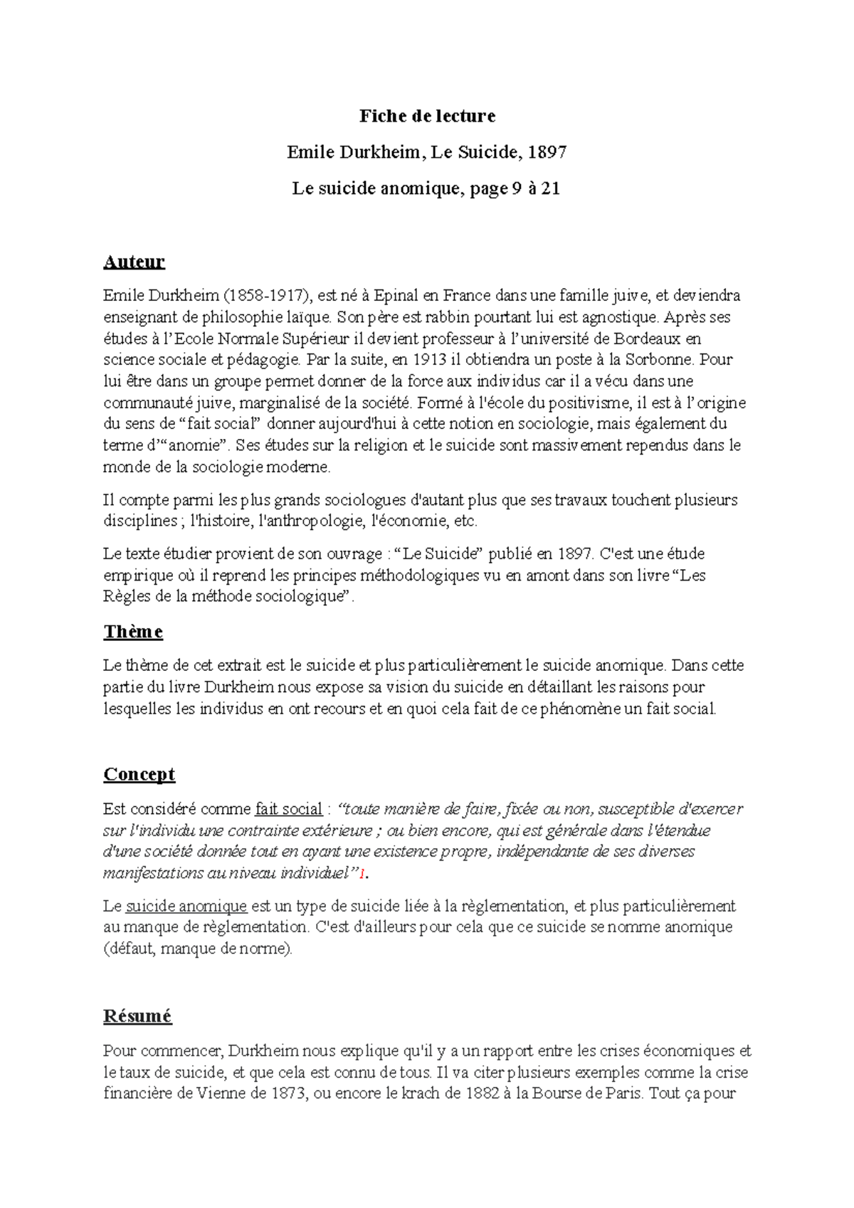 Fiche De Lecture, Le Suicide Anomique - Fiche De Lecture Emile Durkheim ...