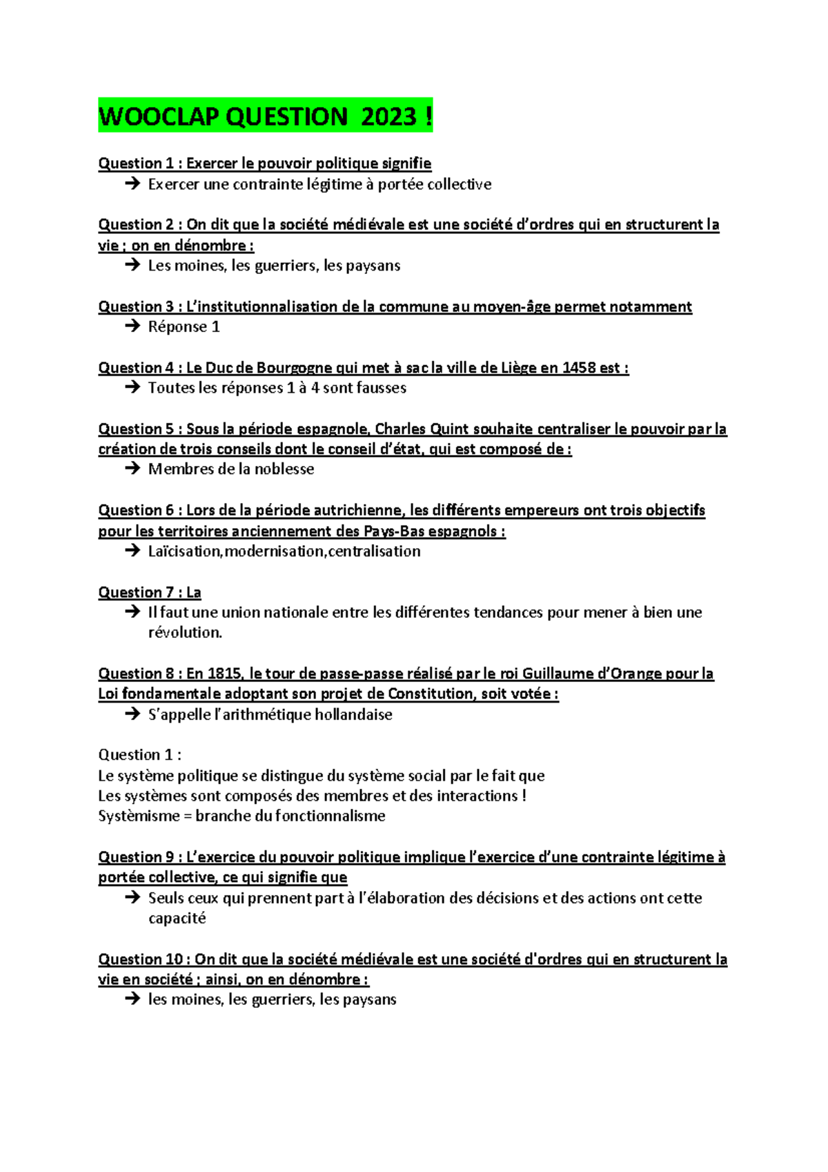 Wooclap-2023 - wooclap - WOOCLAP QUESTION 2023! Question 1 : Exercer le ...