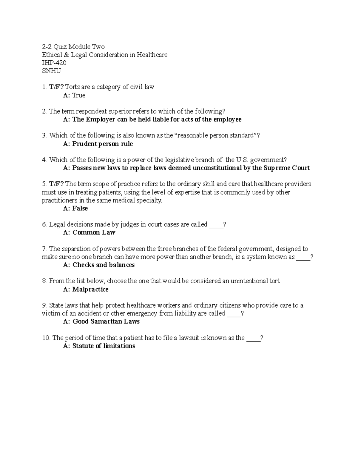 2-2 Quiz Medical Law And Ethics Week 2 - 2-2 Quiz Module Two Ethical ...