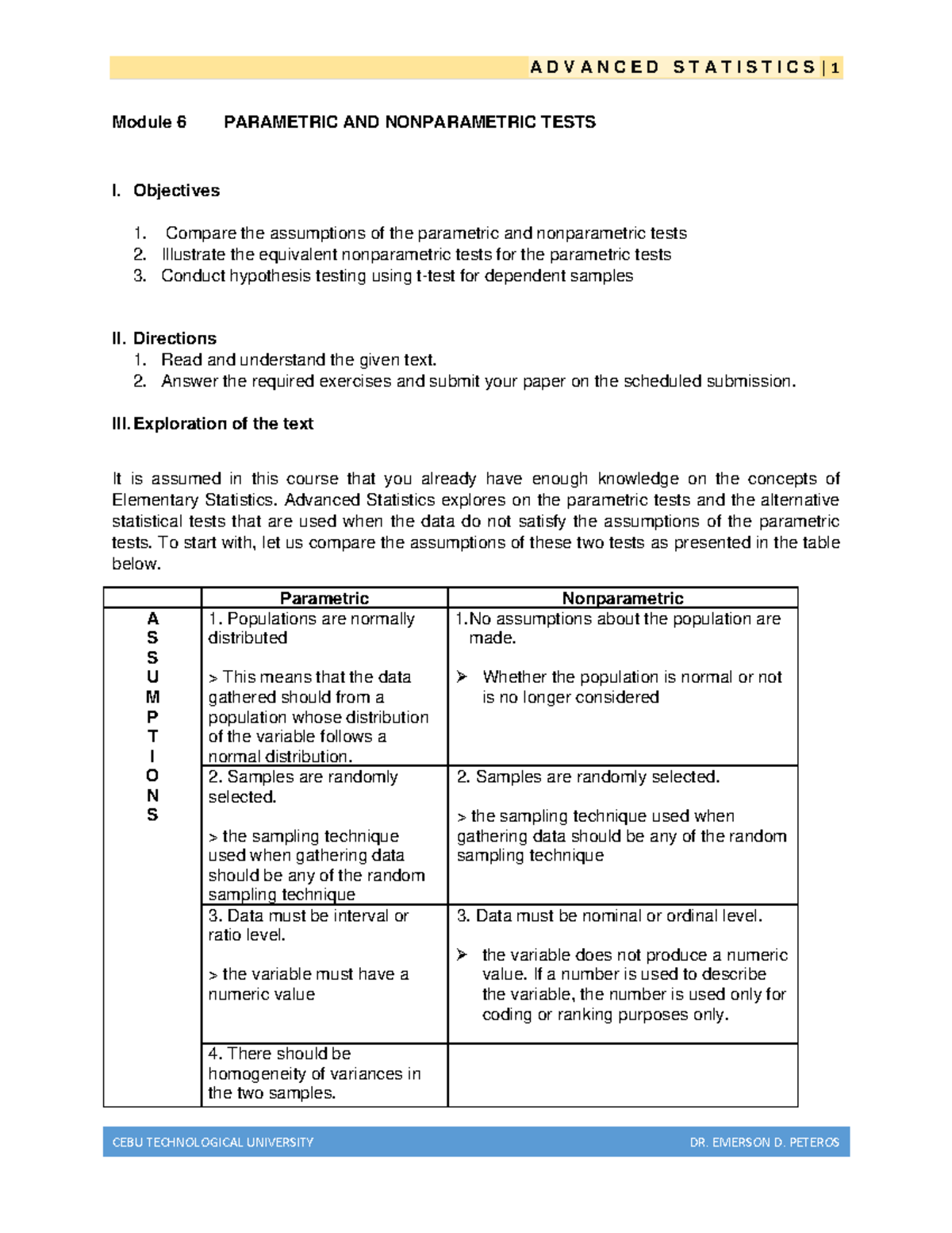 Module 6-parametric test vs nonparametric test - Module 6 PARAMETRIC ...