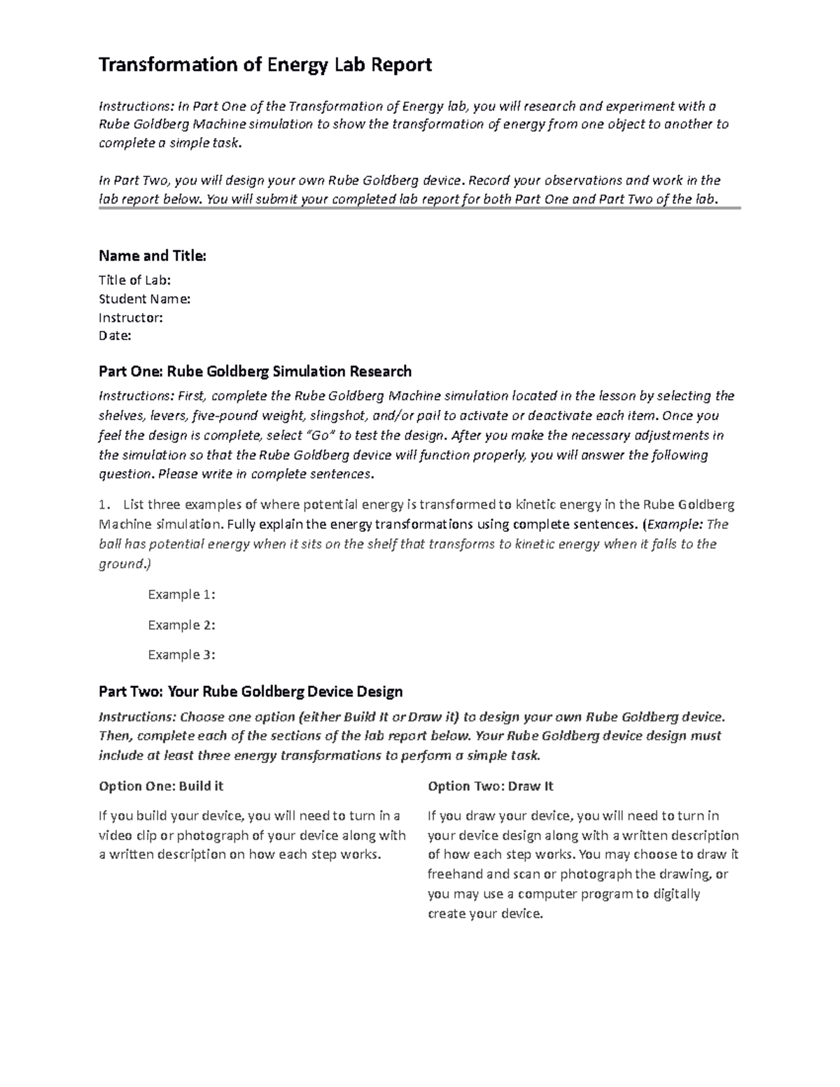 Transform energy lab report - Transformation of Energy Lab Report ...