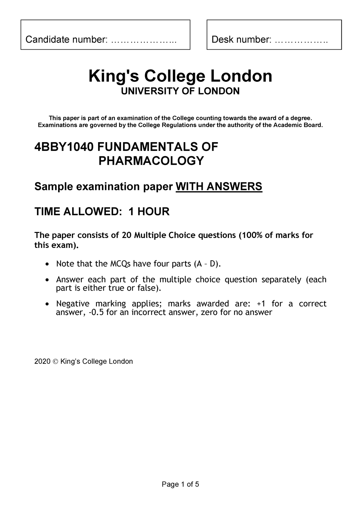 4BBY1040 Sample Exam Paper WITH Answers - King's College London ...