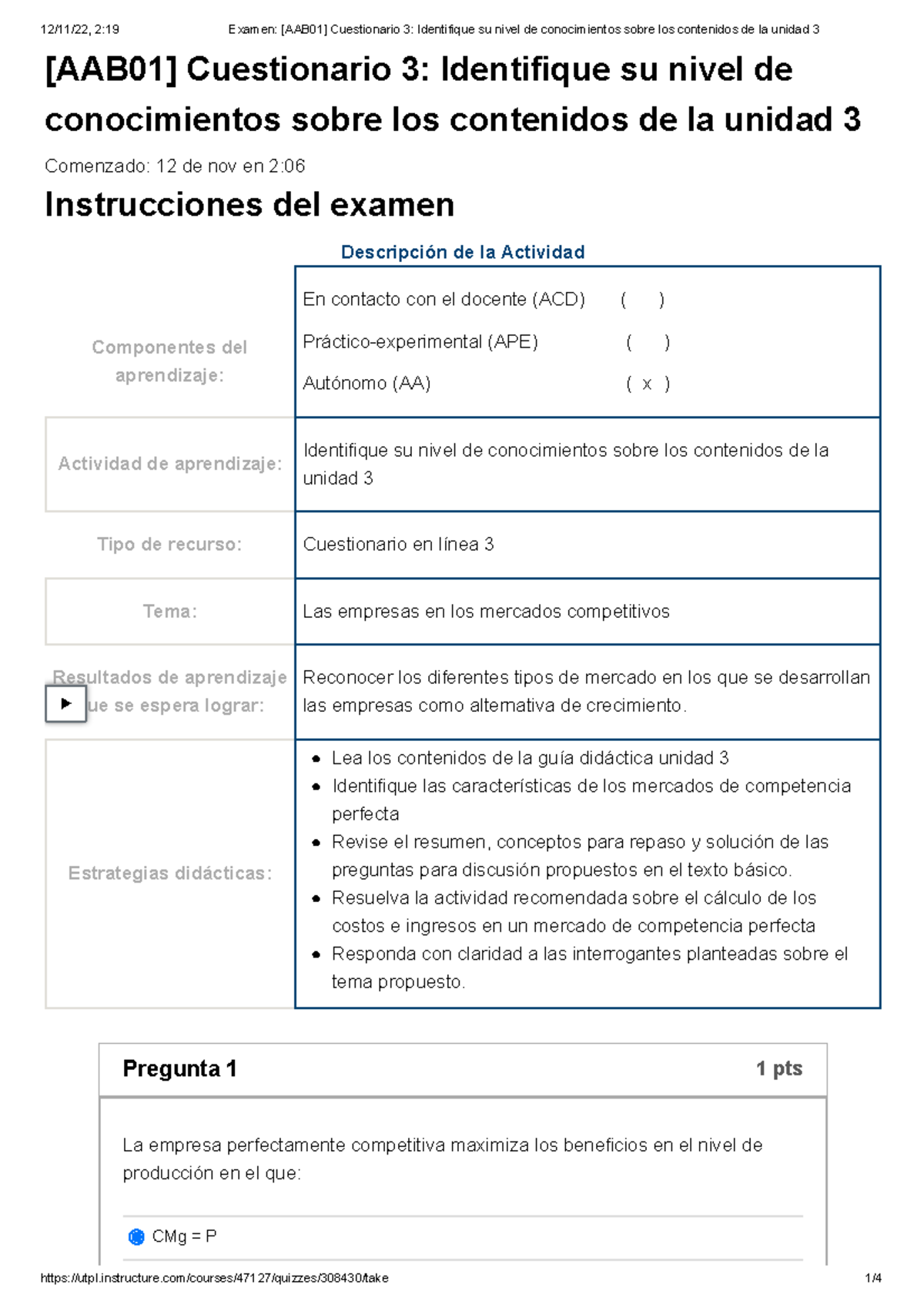 Examen [AAB01] Cuestionario 3 Identifique Su Nivel De Conocimientos ...