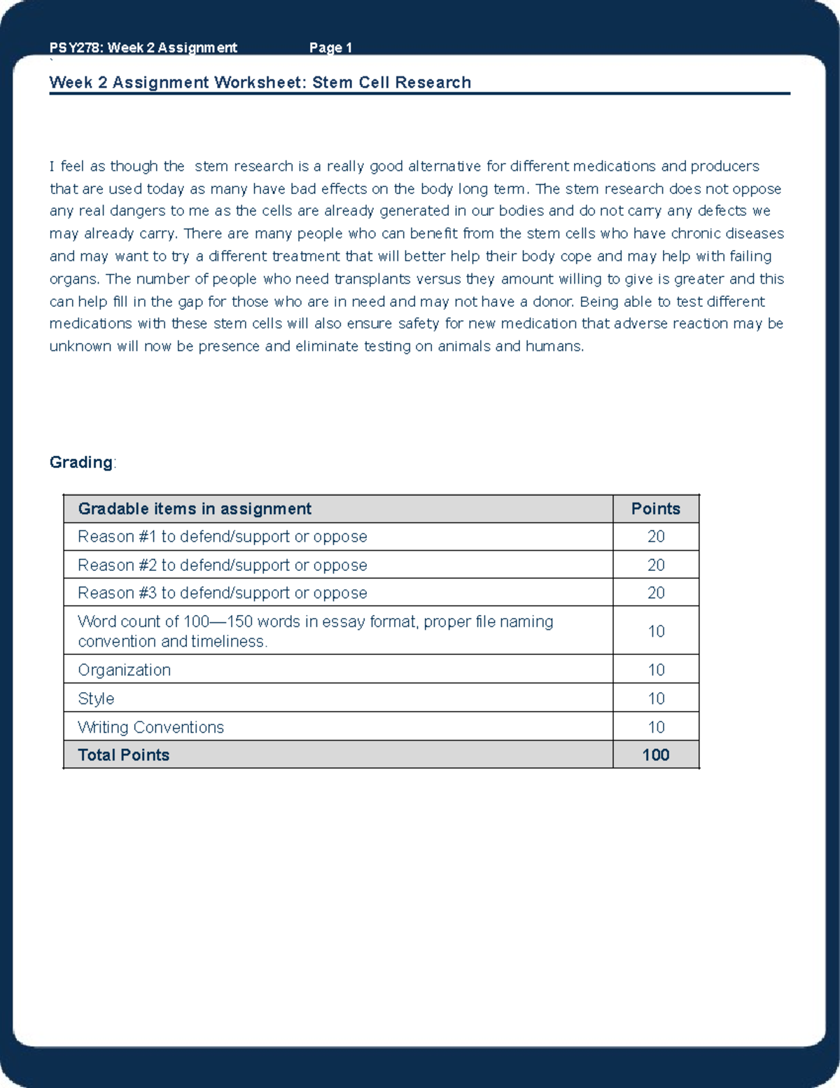 PSY278H Wk2 Assignment - PSY278: Week 2 Assignment Page 1 ` Week 2 ...