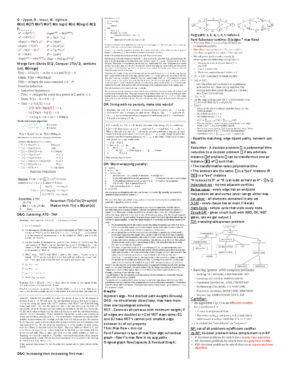CS381 Final Cheat Sheet - O - Upper, Ω - lower, Θ - tightest Θ(n!) Θ(2n ...