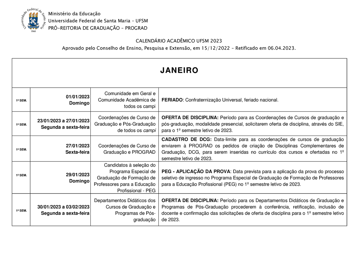 Calendario Academico UFSM 2023 Proposta De Versao De 06 - Universidade ...