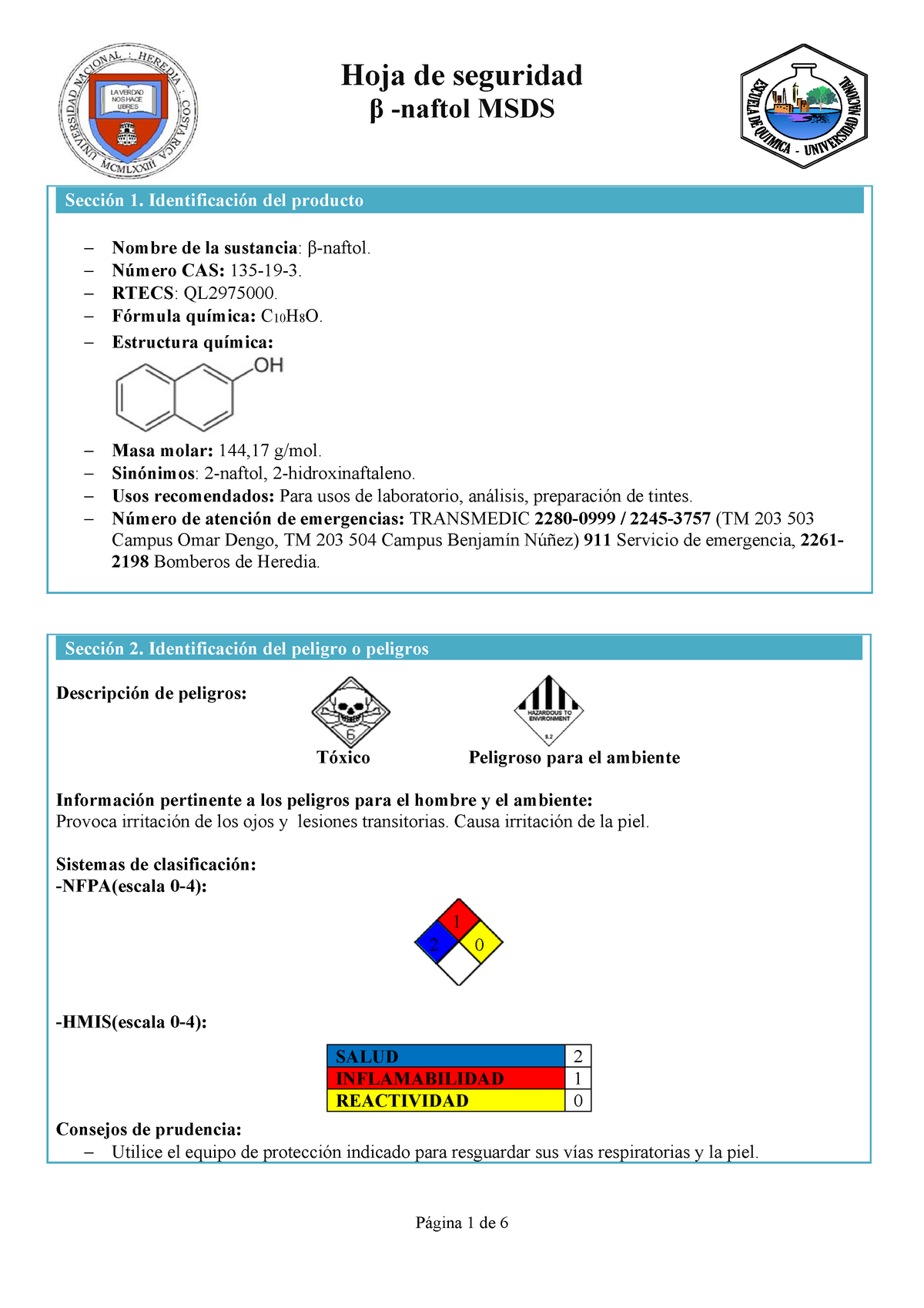 -naftol - Apuntes 1 - Hoja De Seguridad β -naftol MSDS Sección 1 ...