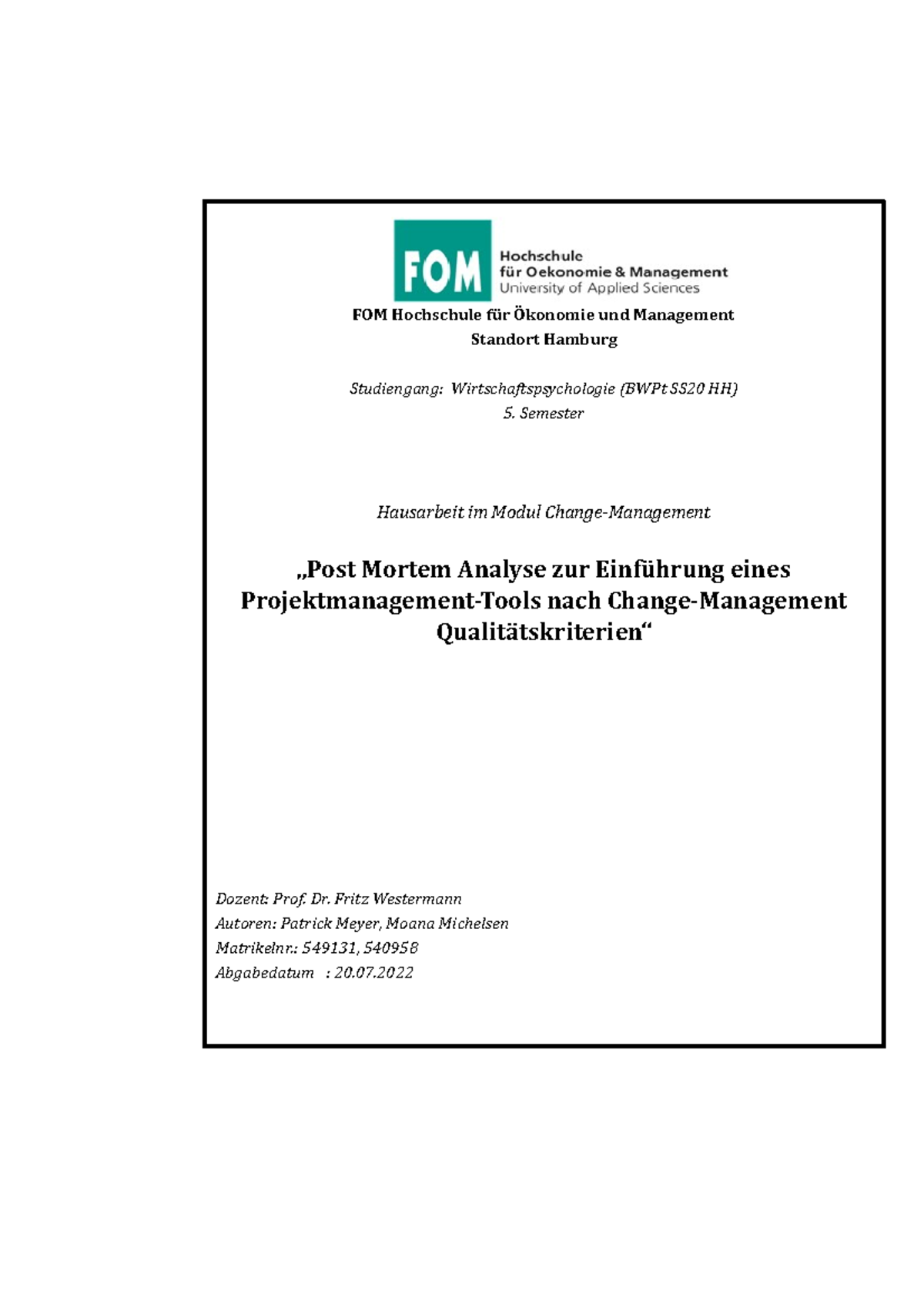 Hausarbeit ChangeManagement final FOM Hochschule für Ökonomie und