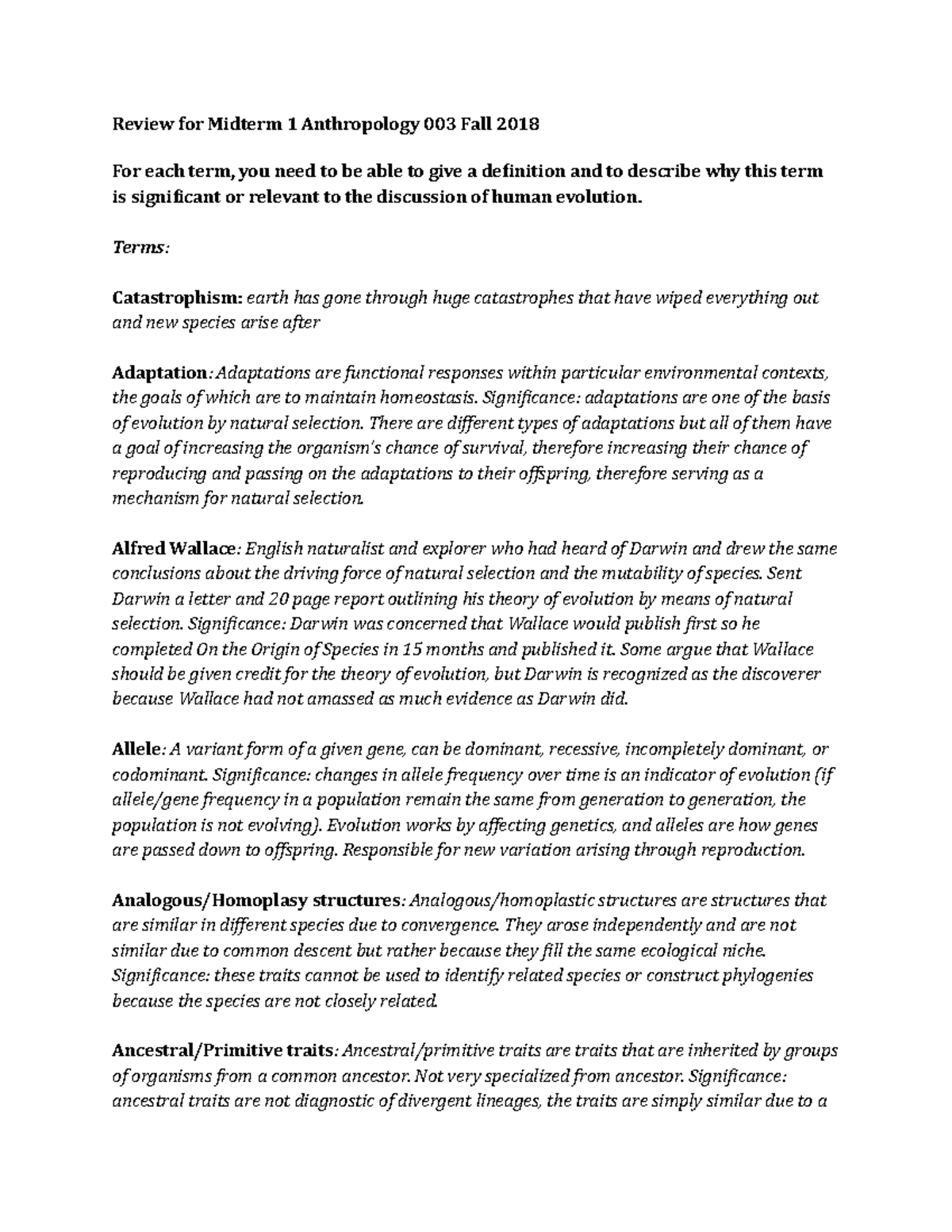Midterm 1 Study Guide - Review for Midterm 1 Anthropology 003 Fall 2018 ...