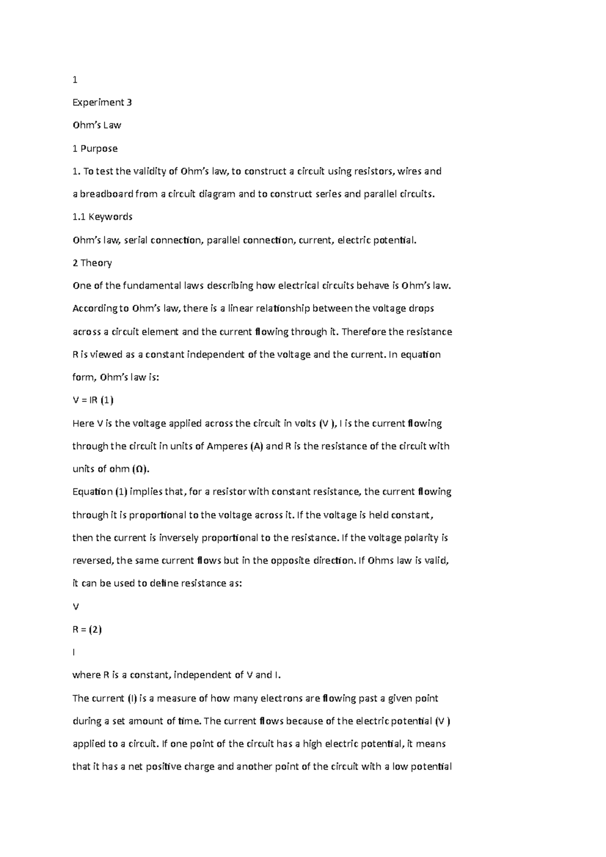 Ohms Law Lab Report - 1 Experiment 3 Ohm’s Law 1 Purpose To Test The ...