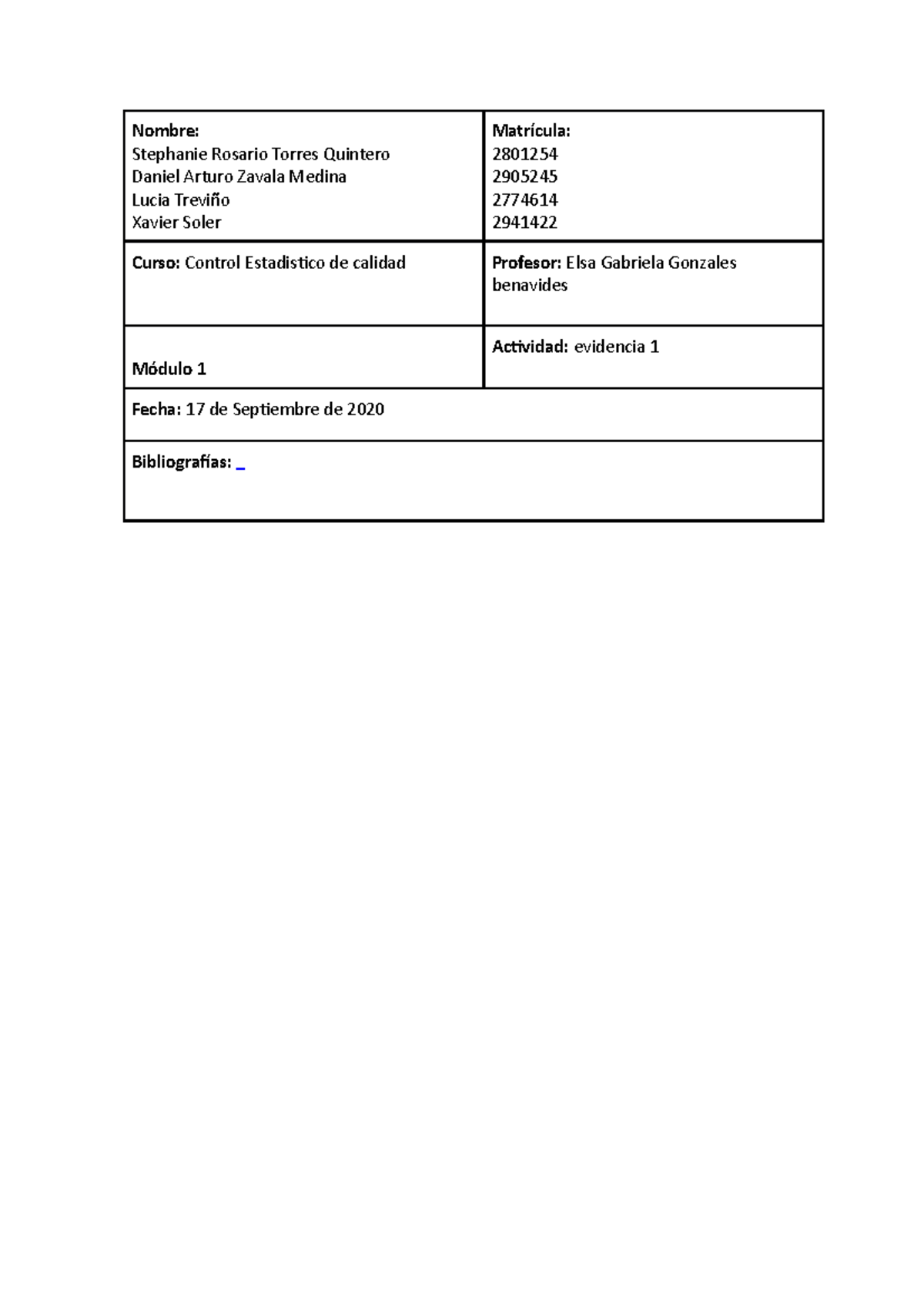 Evidencia 1 Control Estadistico - Nombre: Stephanie Rosario Torres ...