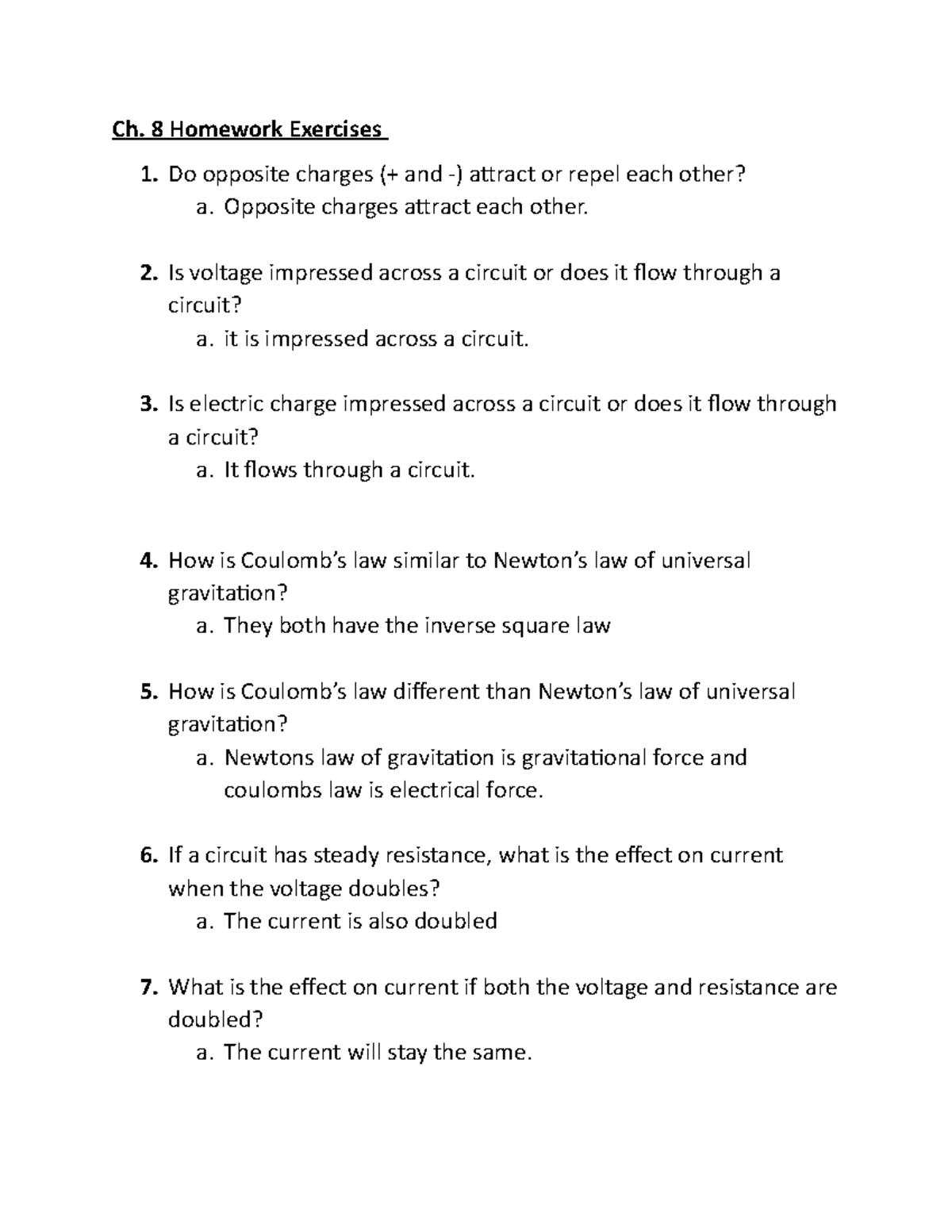 Chapter 8 homeowrk - Ch. 8 Homework Exercises Do opposite charges ...