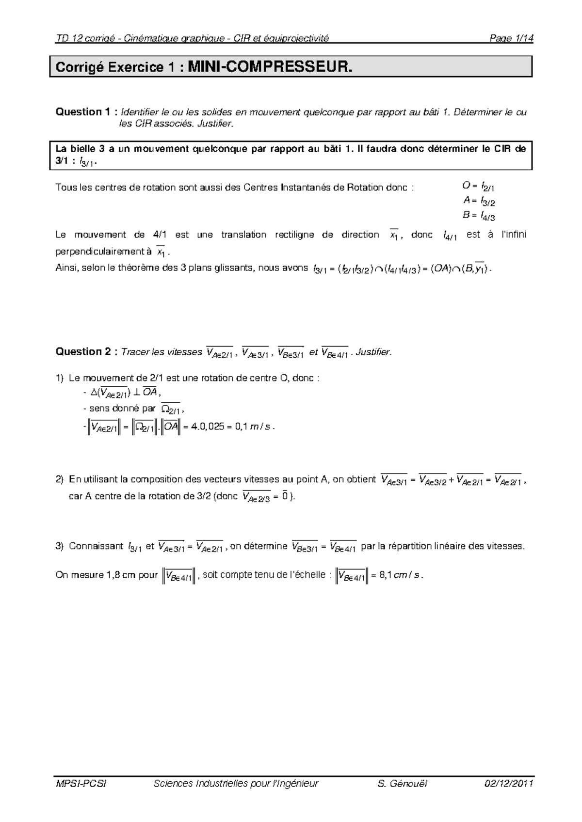 TD 12 Corrig - Cin Matique Graphique - CIR Et Quiprojectivit - Corrigé ...