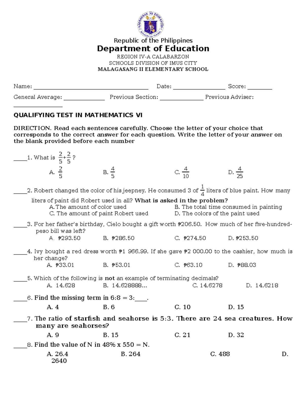 SSC Incoming G6 Qualifying EXAM MATH English Science - Republic of the ...